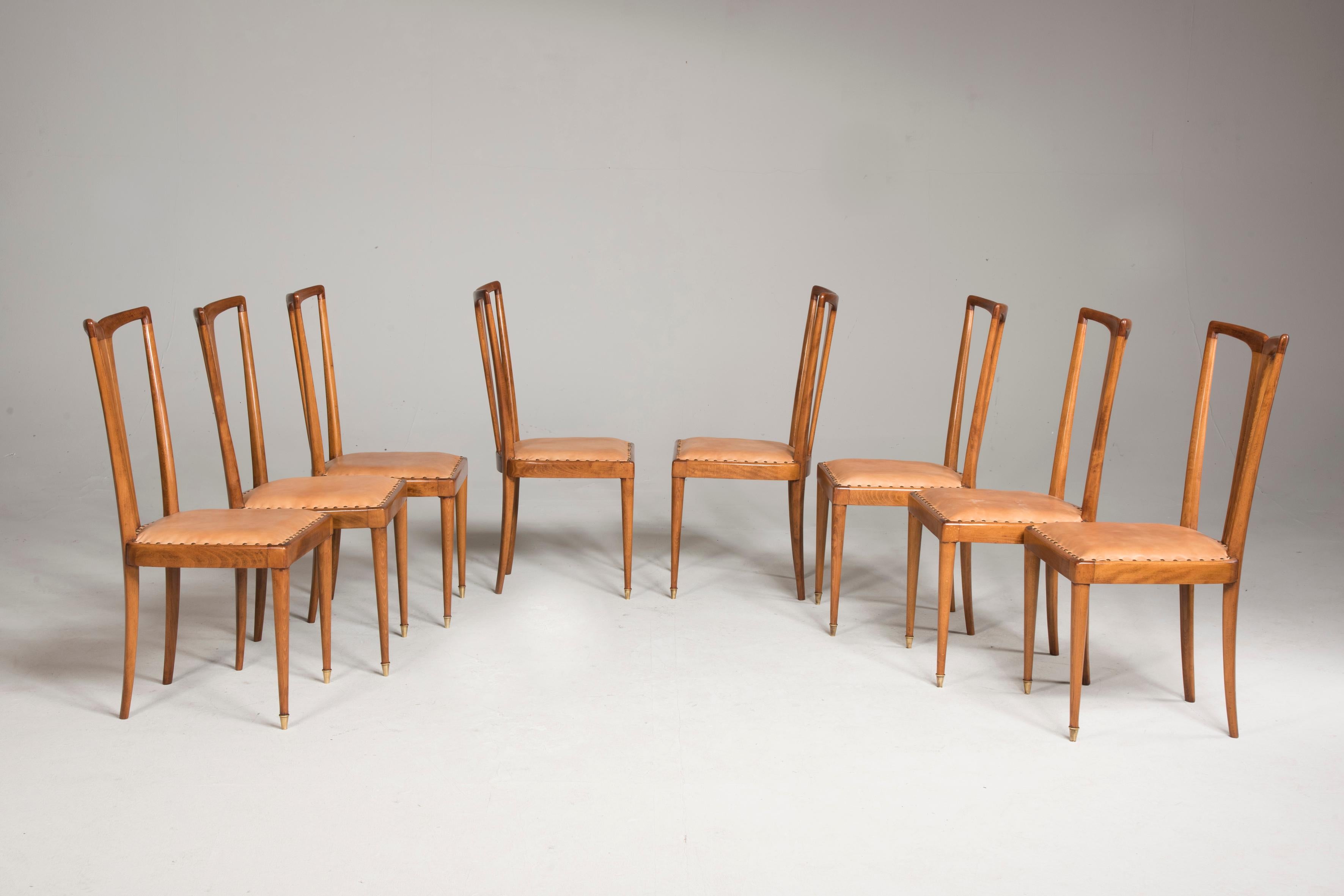 1950 Guglielmo Ulrich Wood and Light Brown Leather Dining Chairs, Set of Eight 3