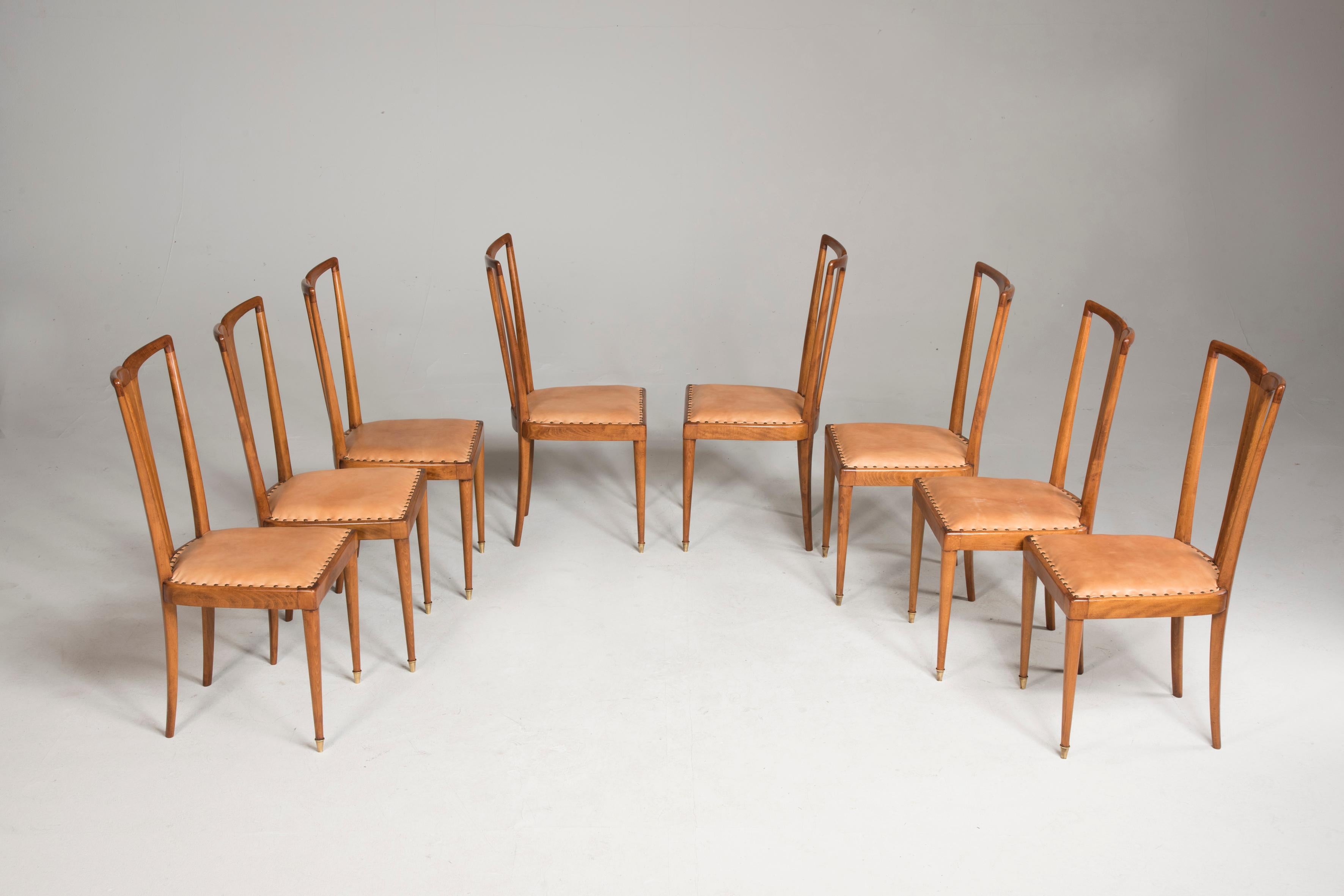 1950 Guglielmo Ulrich Wood and Light Brown Leather Dining Chairs, Set of Eight 4