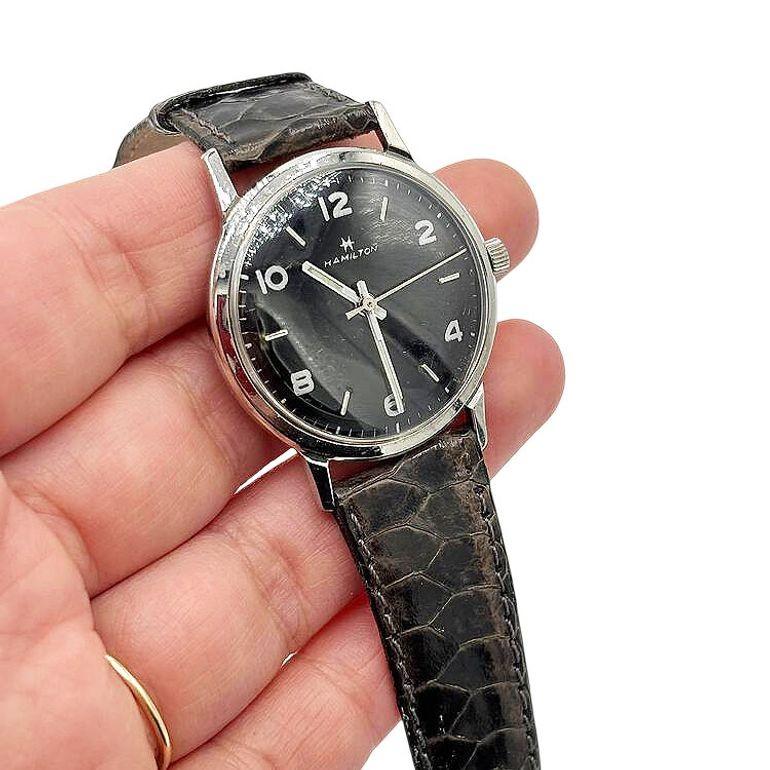 Américain 1950 Montre-bracelet Hamilton Thin-O-Matic avec cadran noir sur bracelet en cuir en vente
