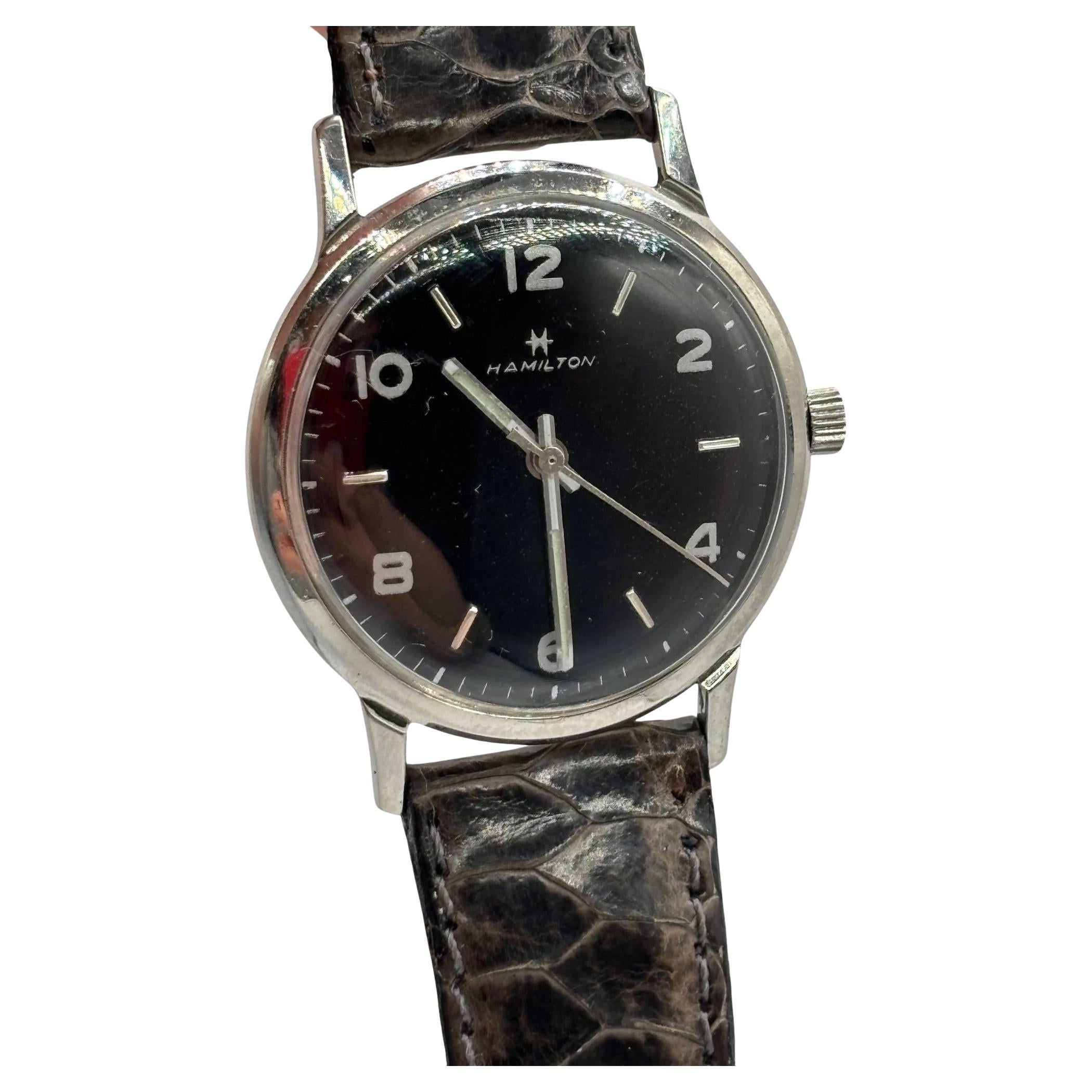 1950 Montre-bracelet Hamilton Thin-O-Matic avec cadran noir sur bracelet en cuir en vente