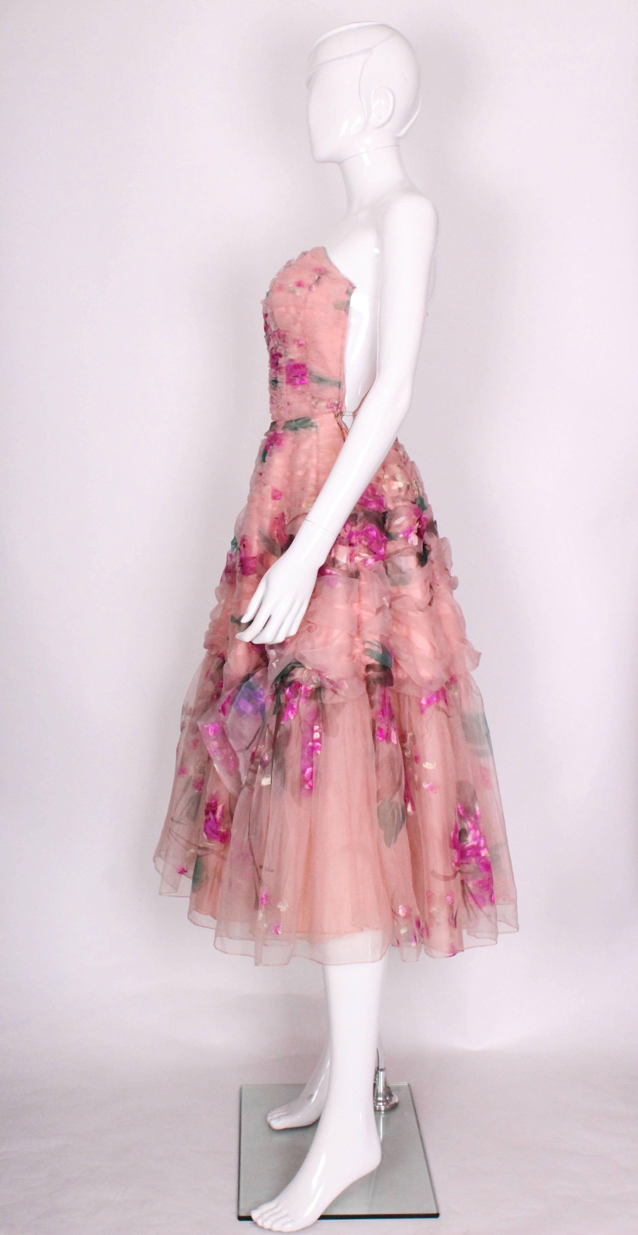 Brown 1950 Handpainted Floral Pink Party Dress