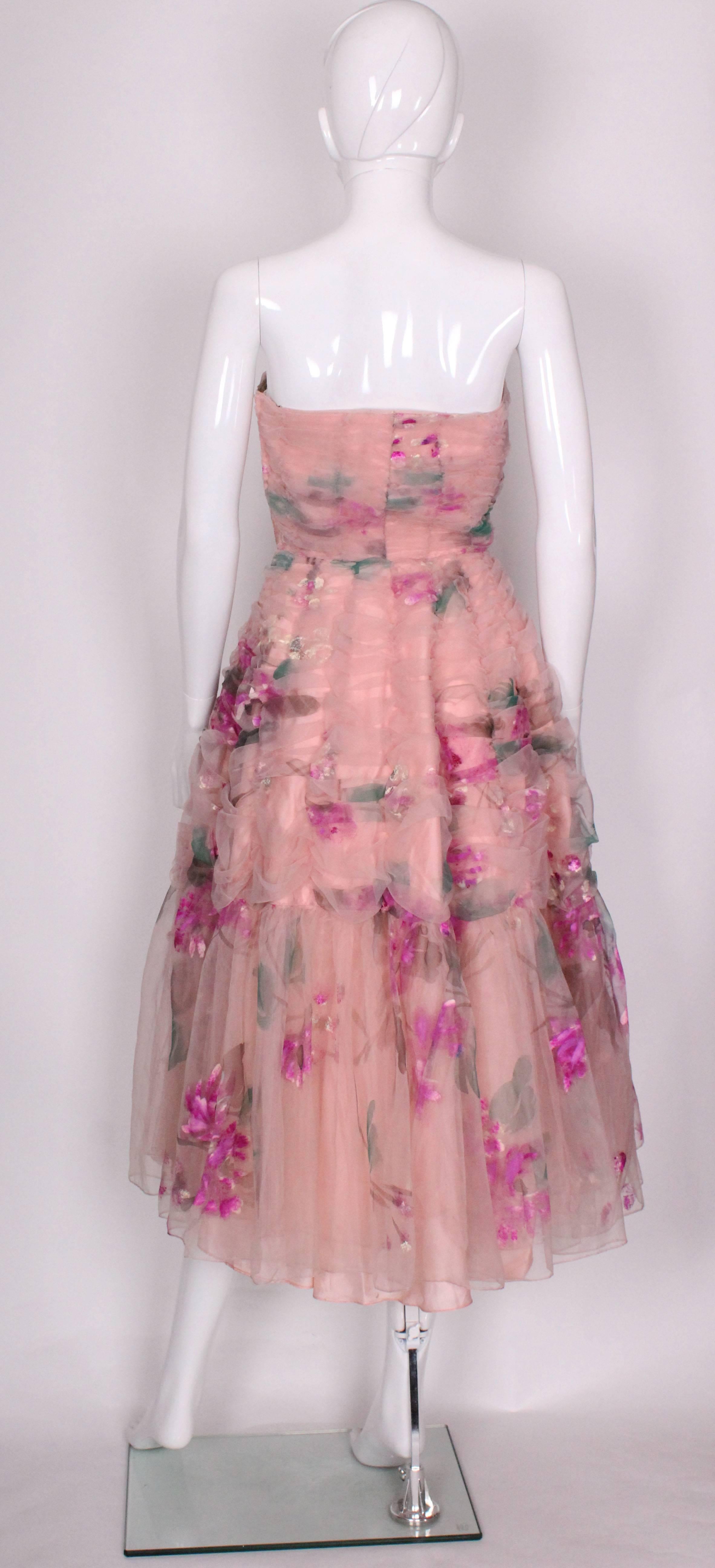 1950 Handpainted Floral Pink Party Dress In Excellent Condition In London, GB