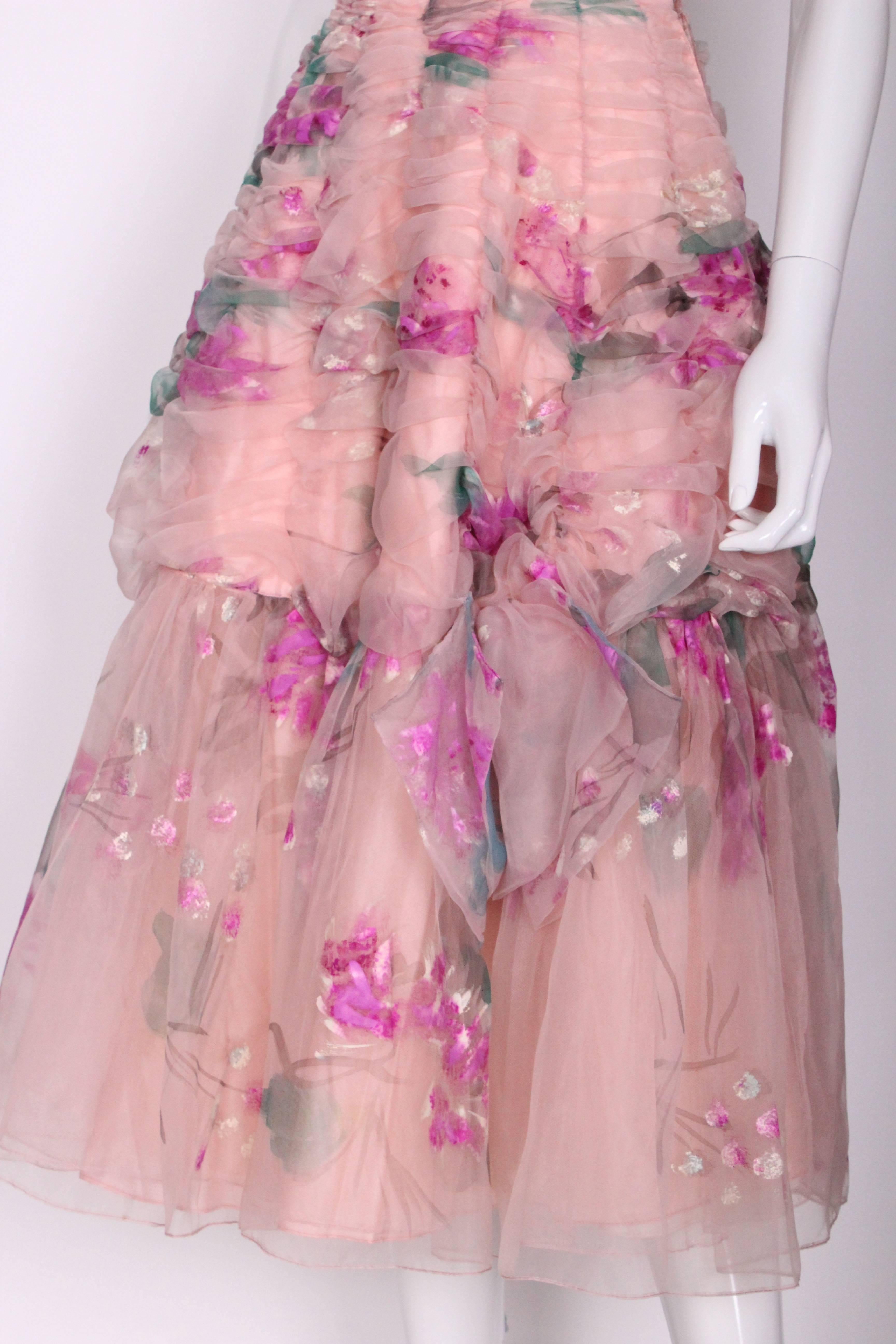 Women's 1950 Handpainted Floral Pink Party Dress