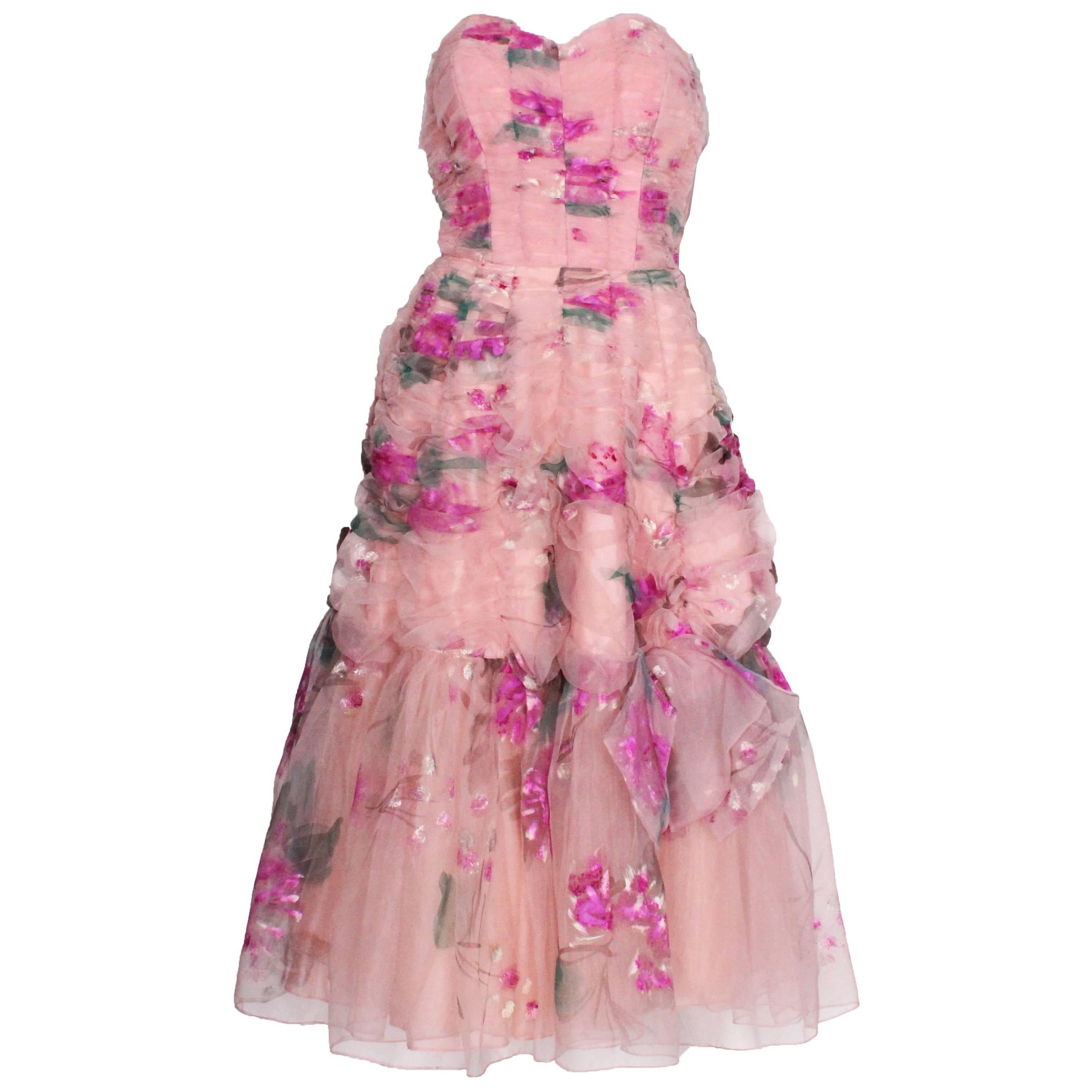 1950 Handpainted Floral Pink Party Dress at 1stDibs