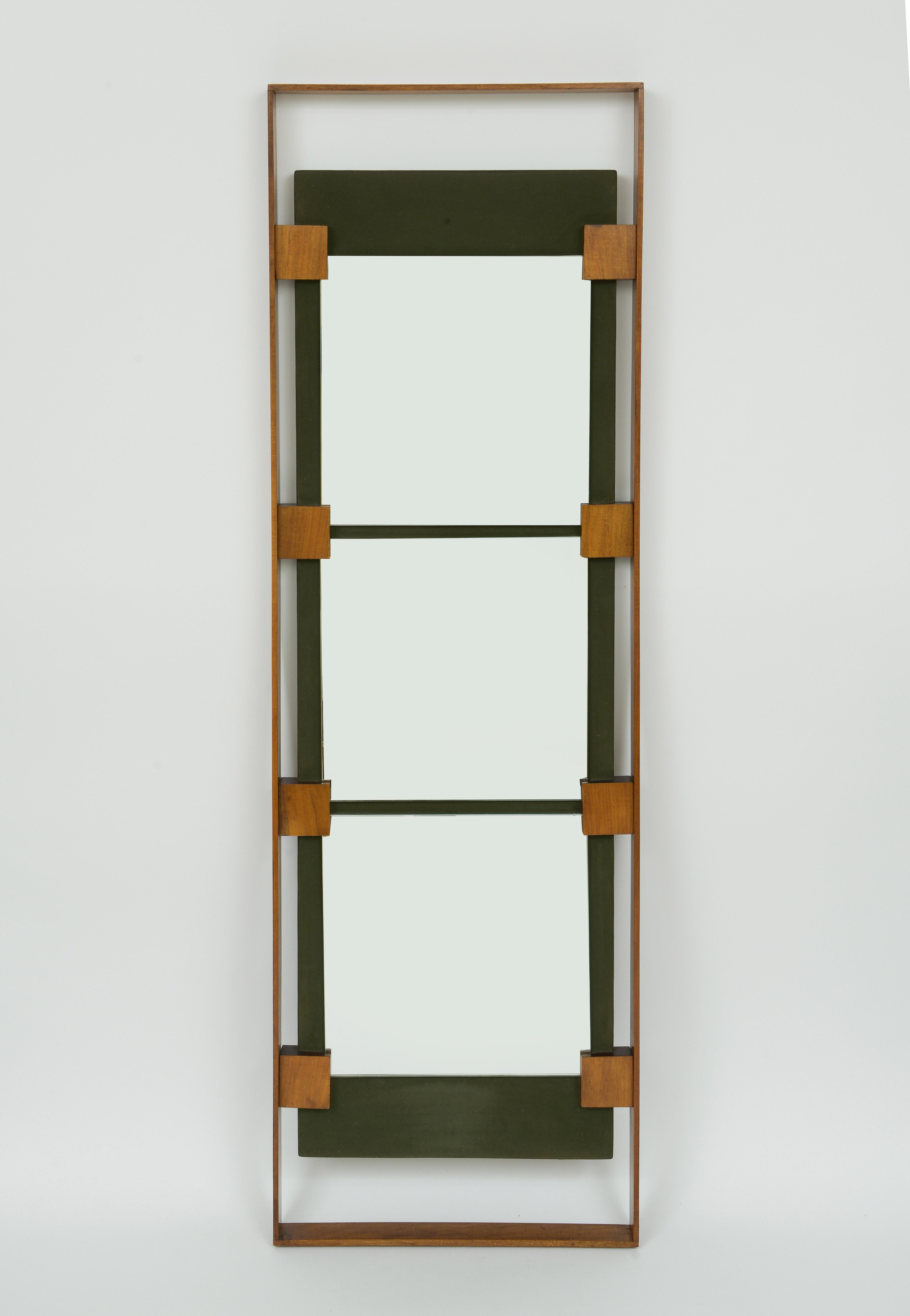 Ico Parisi Three square mirror plates mounted on a green velours-covered board, held by a wooden frame.  Italy, ca. 1950