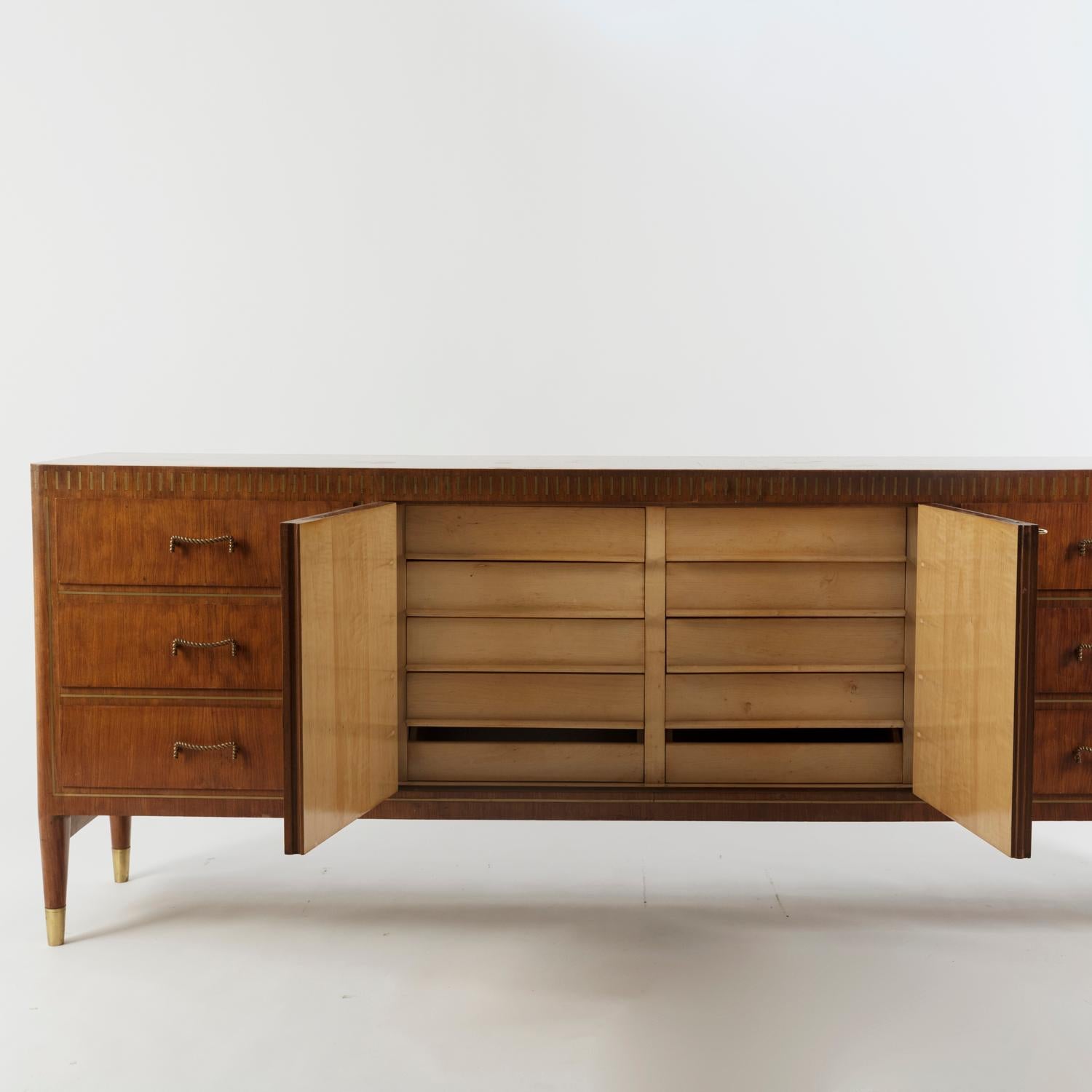 1950 inlaid Giovanni Gariboldi custom sideboard manufactured in Turin by Colli. This museum piece was made for a private commission and has the iconic Gariboldi distinctive inlay work on the front, superior construction quality, sycamore internal