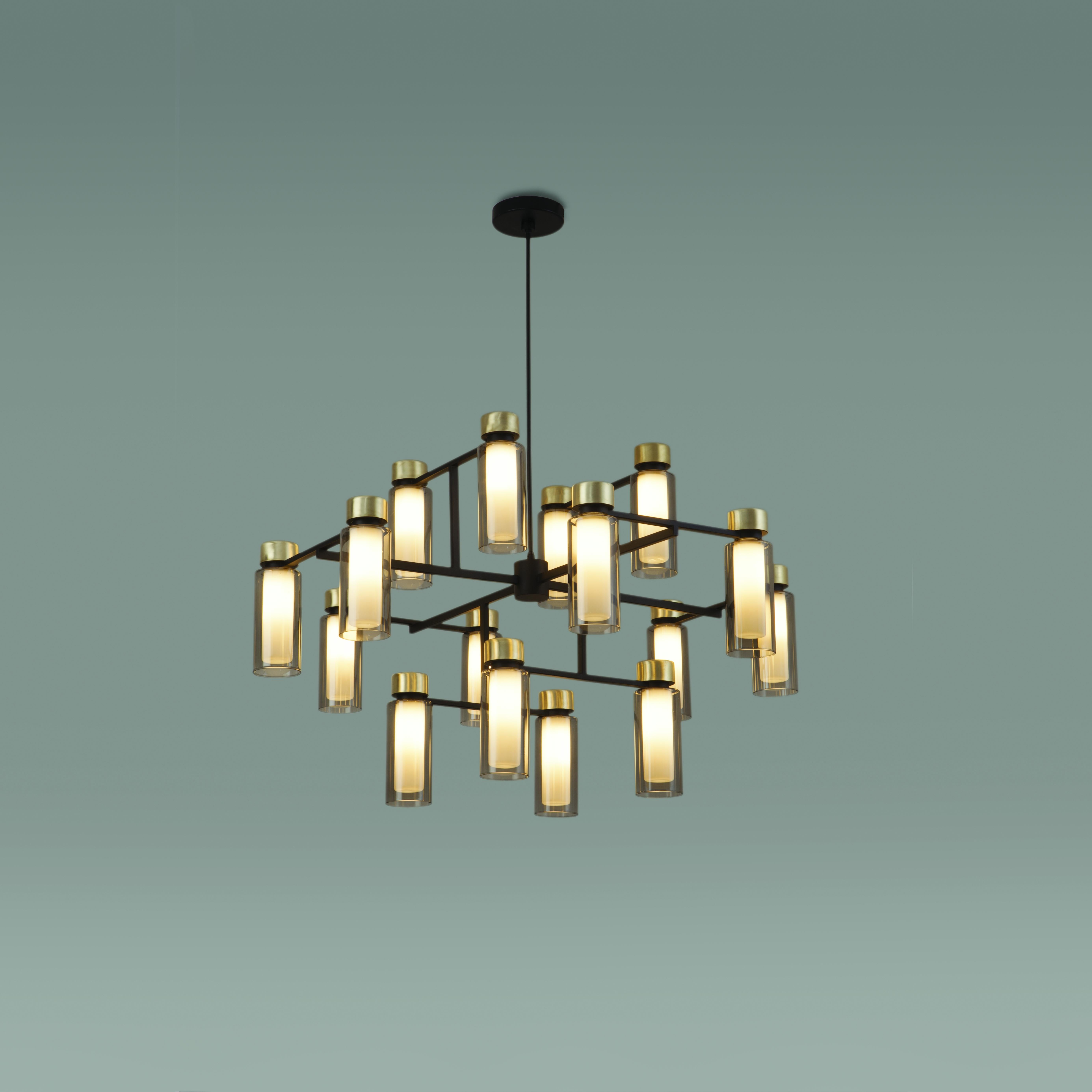 Italian 1950 Inspired Osman Chandelier in Black, Brass, Smoked Glass by Corrado Dotti For Sale