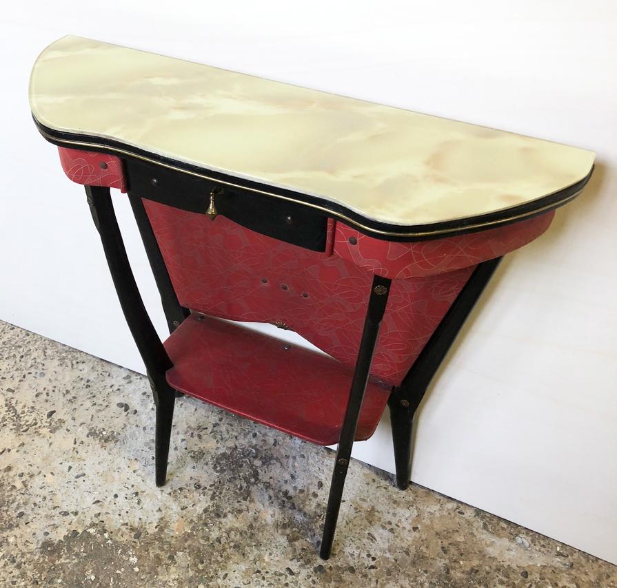 Faux Leather 1950 Italian Console with Marbled Glass Top, Particular Ebony Wood Color  For Sale