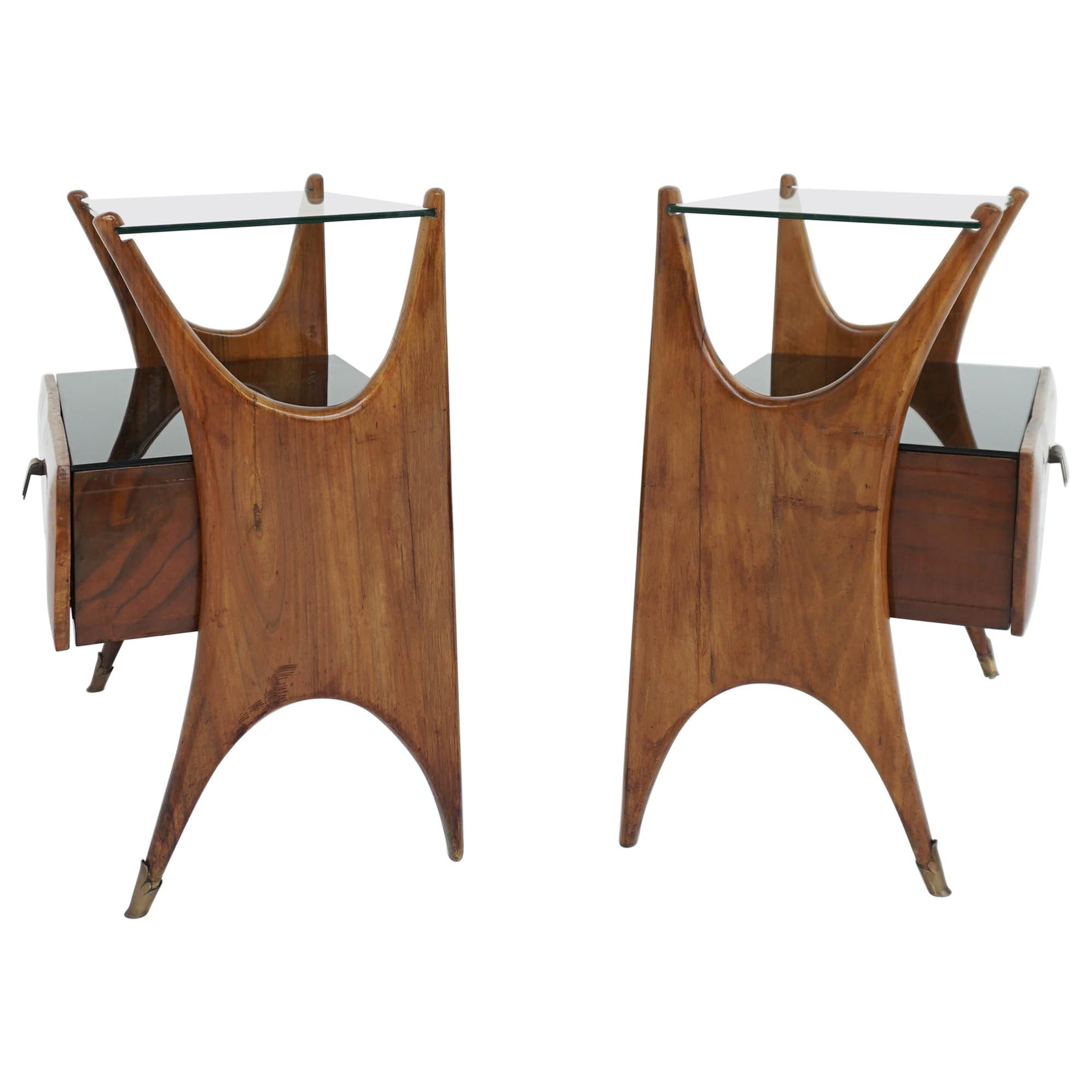 1950, Stunning Italian Design Bed Side Tables in Walnut and Black Glass