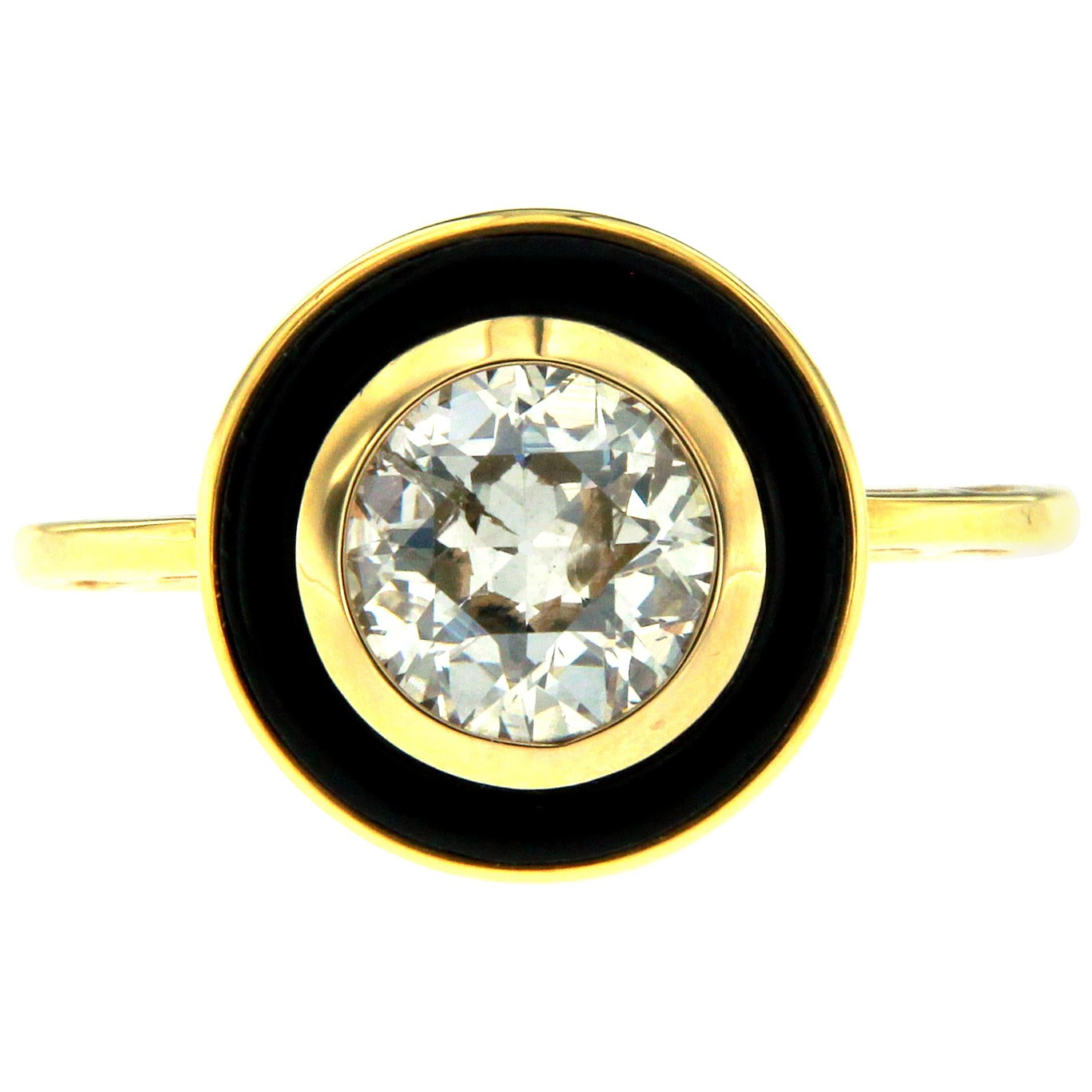 1950 Italian Diamond 1.51 Carat Solitaire Onyx Gold Ring