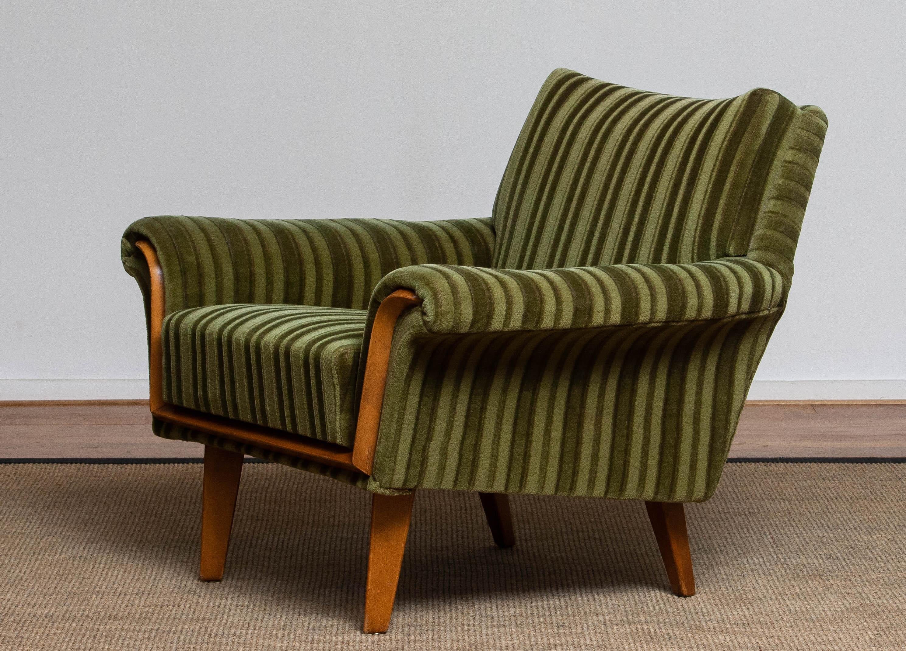 Mid-Century Modern 1950 Italian Green Striped Velvet Lounge / Easy / Club Chair with Beech Details