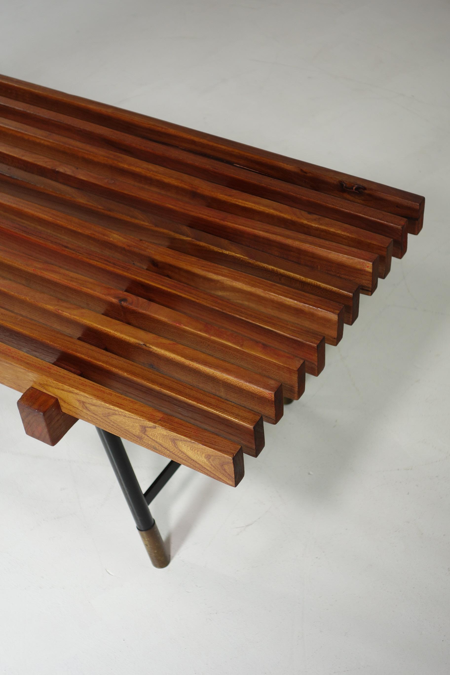 1950 Italian Mid Century Modern Design Carlo Hauner style Iron Brass Teak Bench For Sale 5