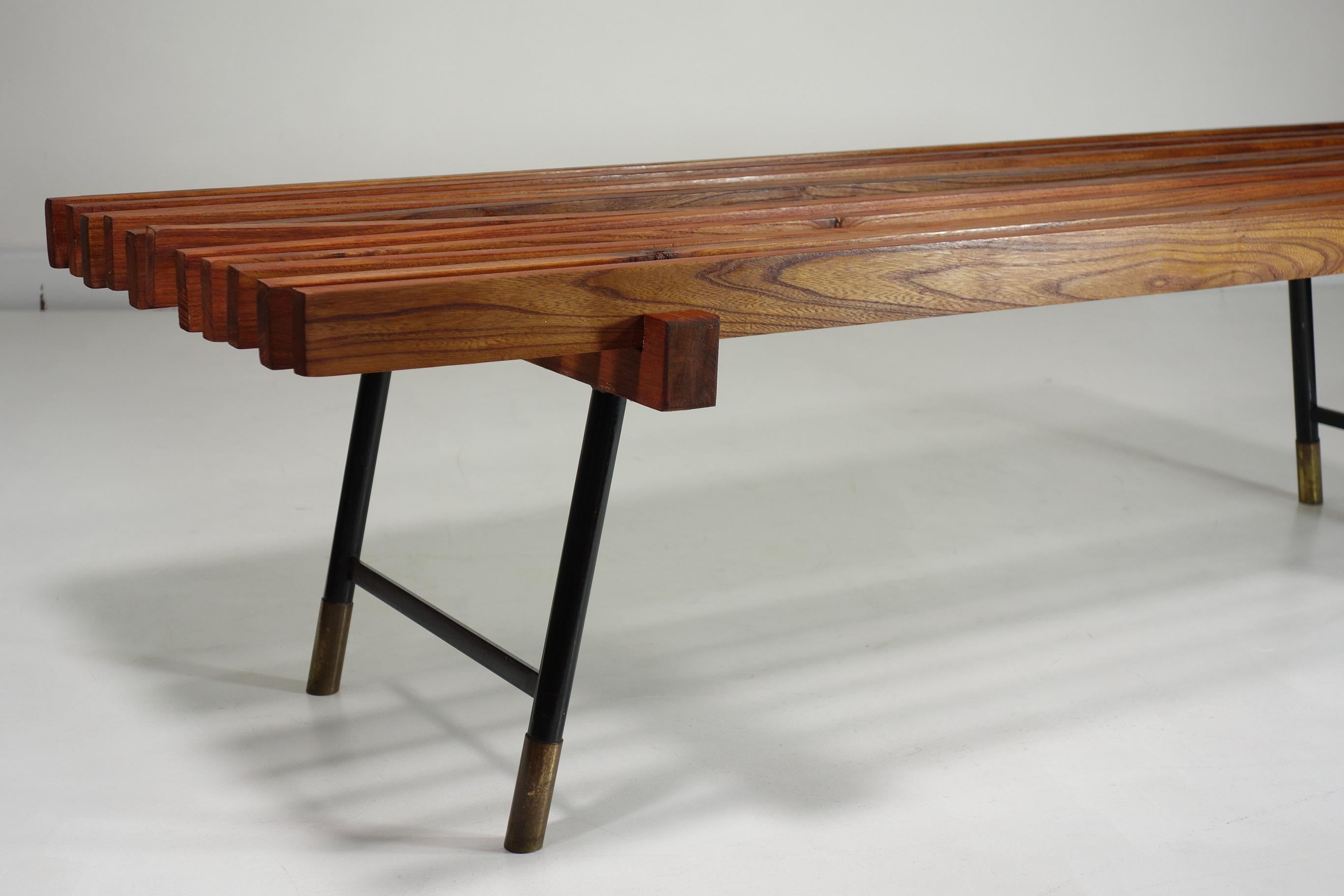 1950 Italian Mid Century Modern Design Carlo Hauner style Iron Brass Teak Bench For Sale 6
