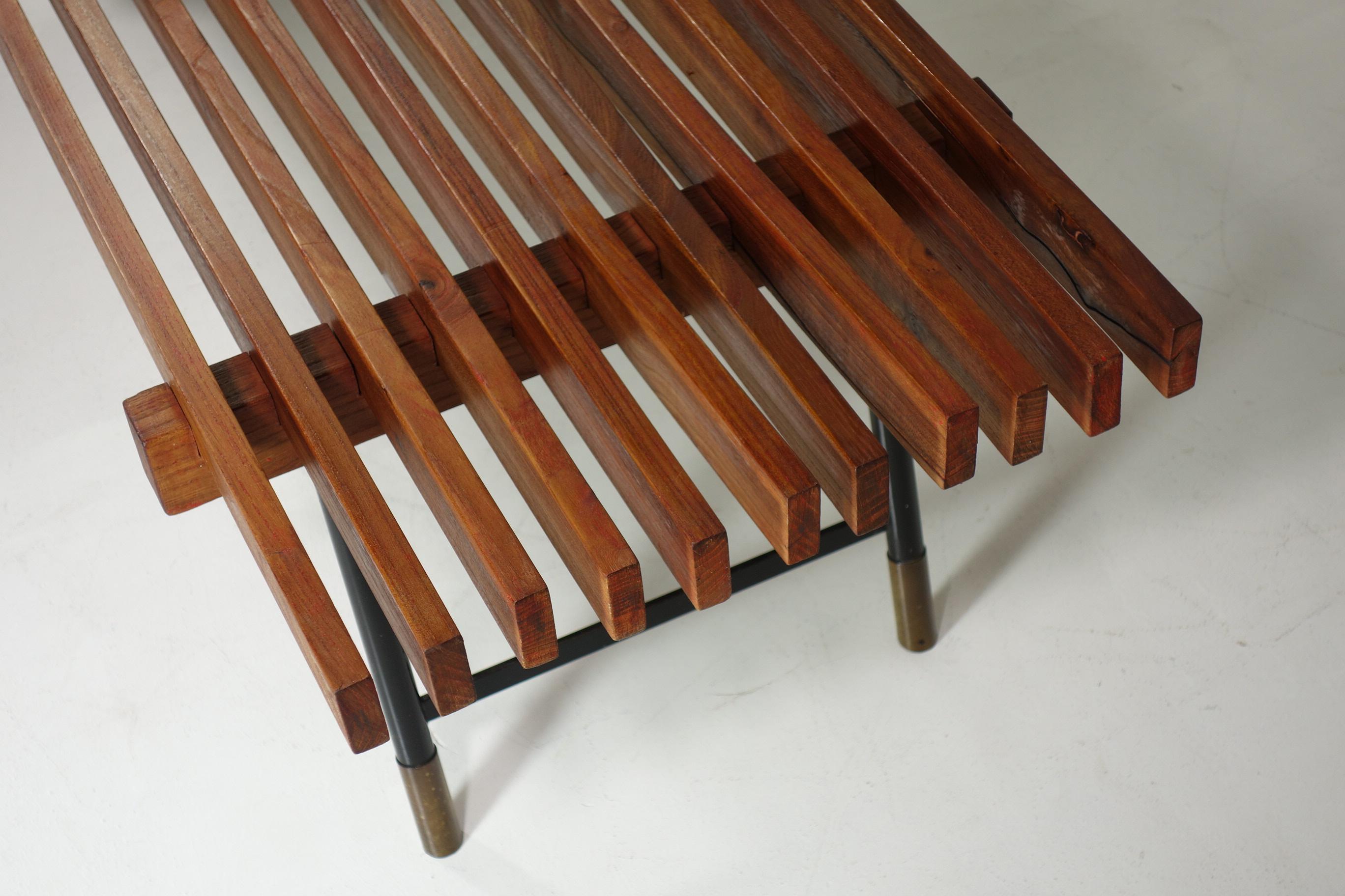 1950 Italian Mid Century Modern Design Carlo Hauner style Iron Brass Teak Bench For Sale 7