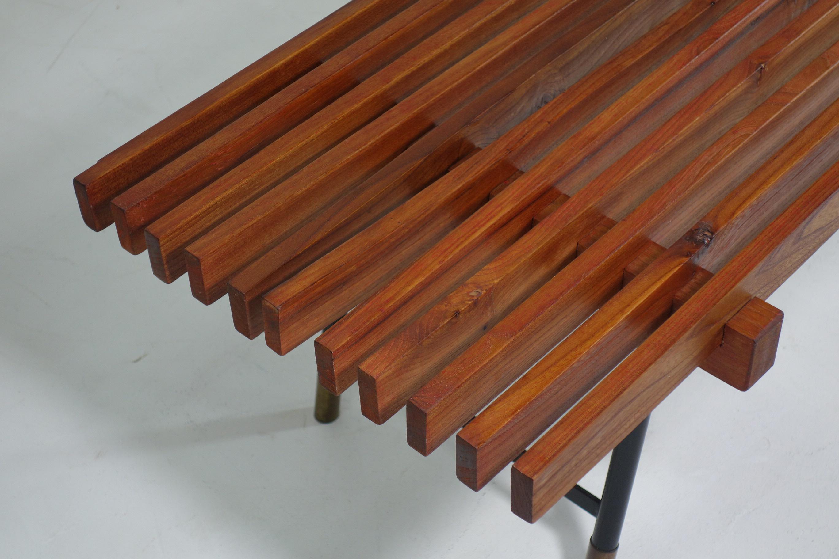 1950 Italian Mid Century Modern Design Carlo Hauner style Iron Brass Teak Bench For Sale 9