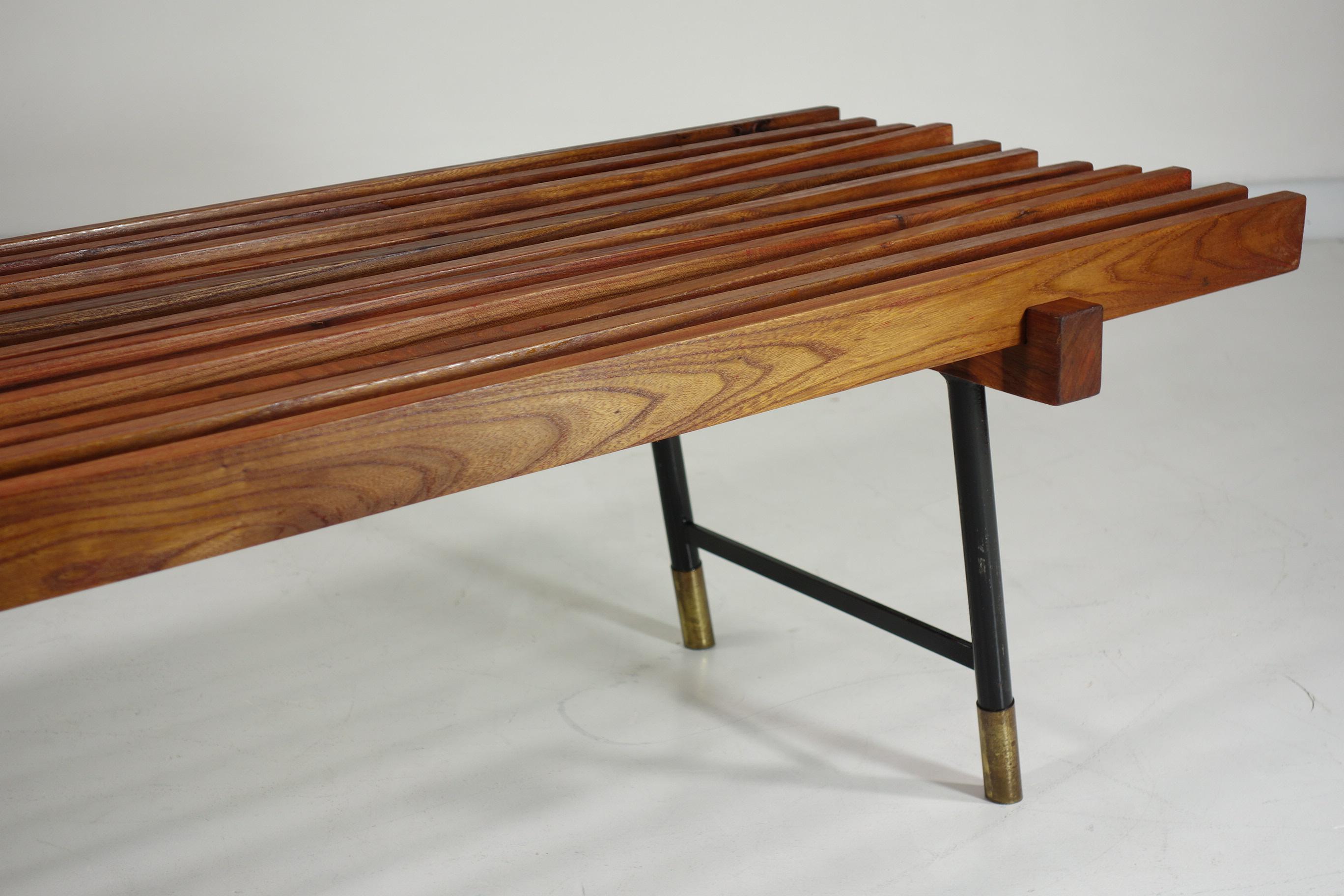 1950 Italian Mid Century Modern Design Carlo Hauner style Iron Brass Teak Bench For Sale 10