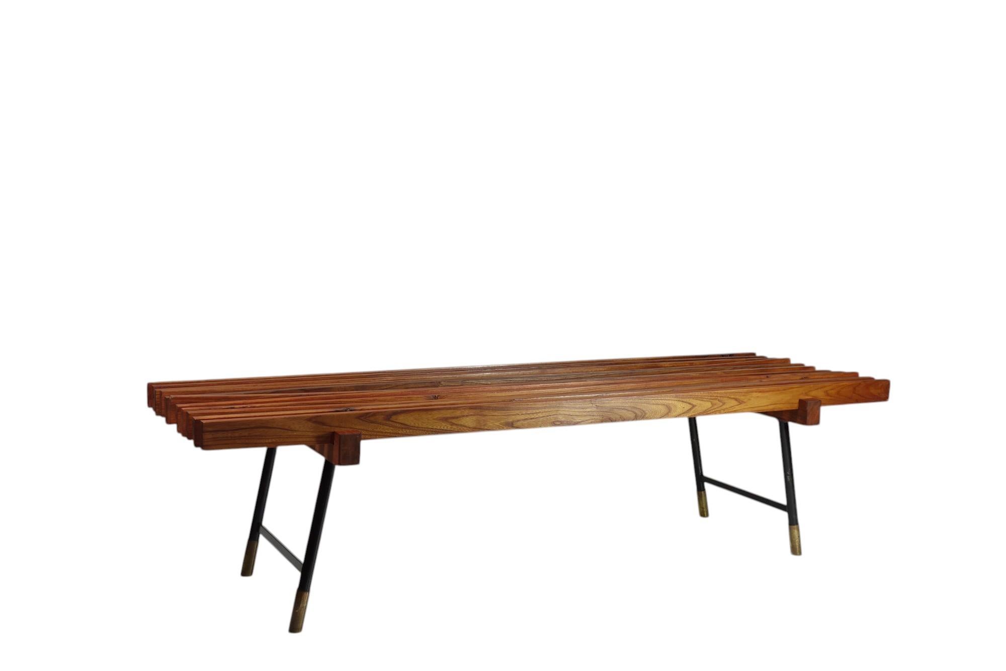 Mid-Century Modern 1950 Italian Mid Century Modern Design Carlo Hauner style Iron Brass Teak Bench For Sale