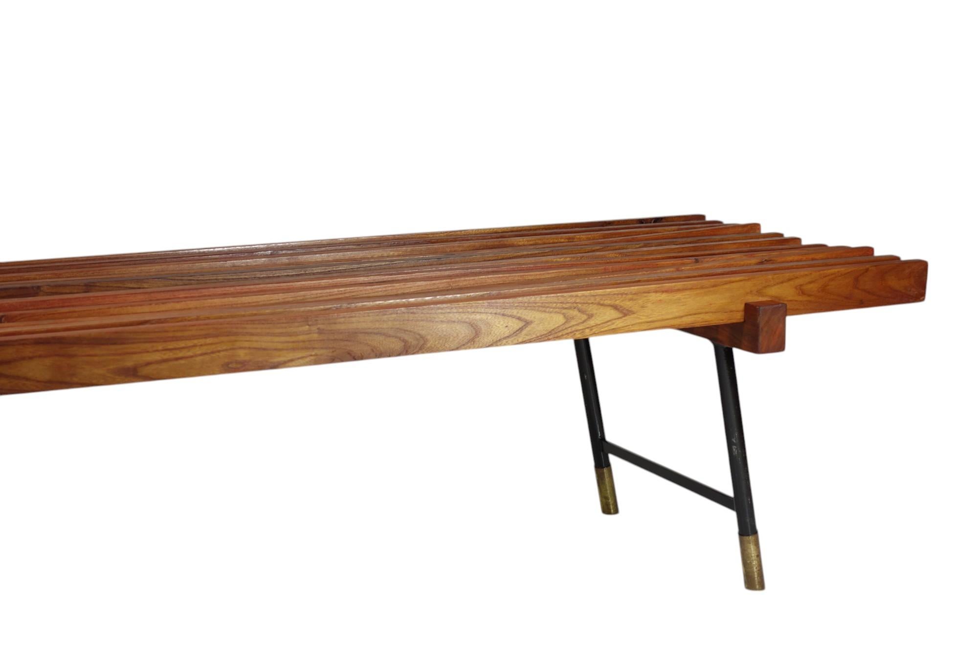 Mid-20th Century 1950 Italian Mid Century Modern Design Carlo Hauner style Iron Brass Teak Bench For Sale
