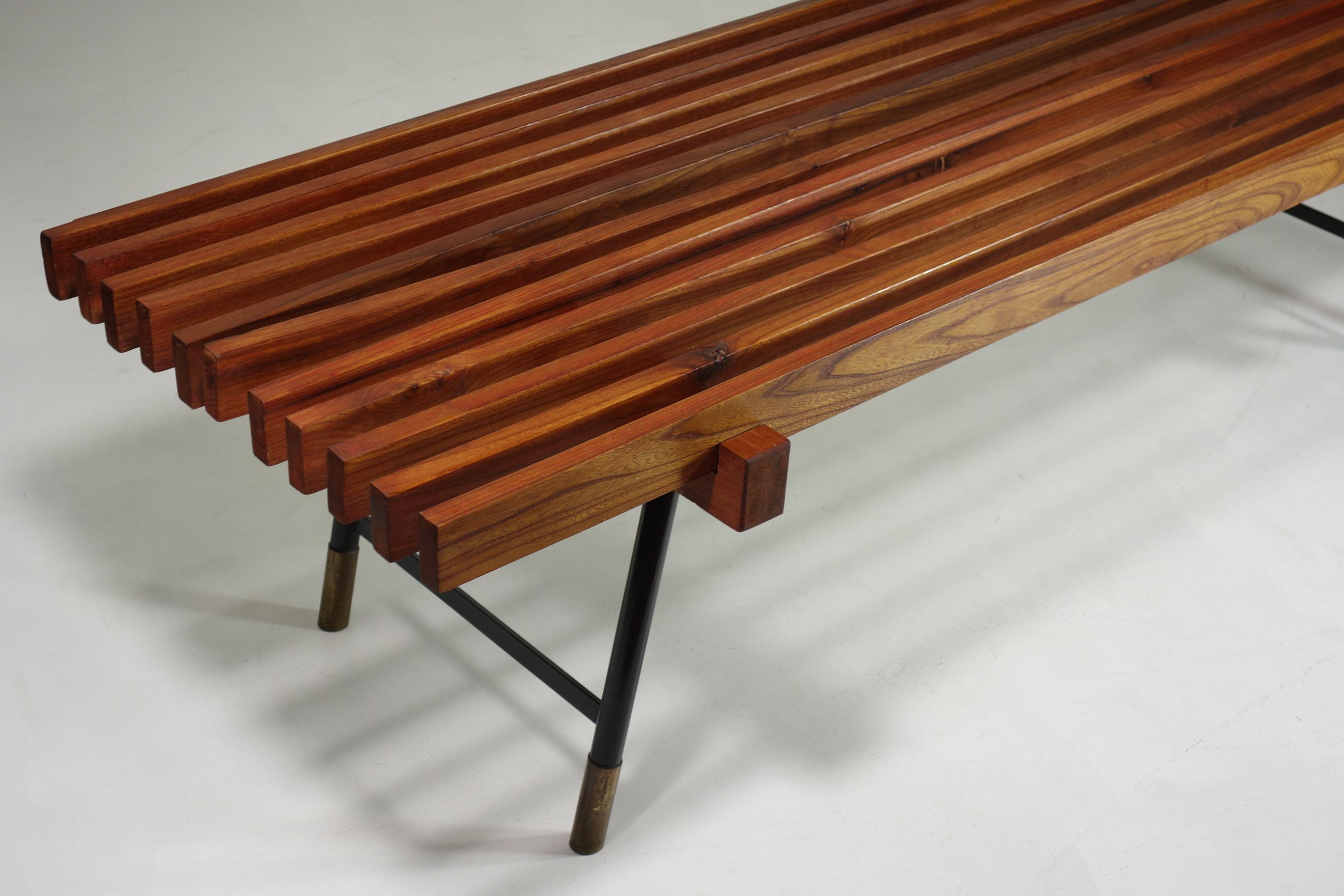 1950 Italian Mid Century Modern Design Carlo Hauner style Iron Brass Teak Bench For Sale 1