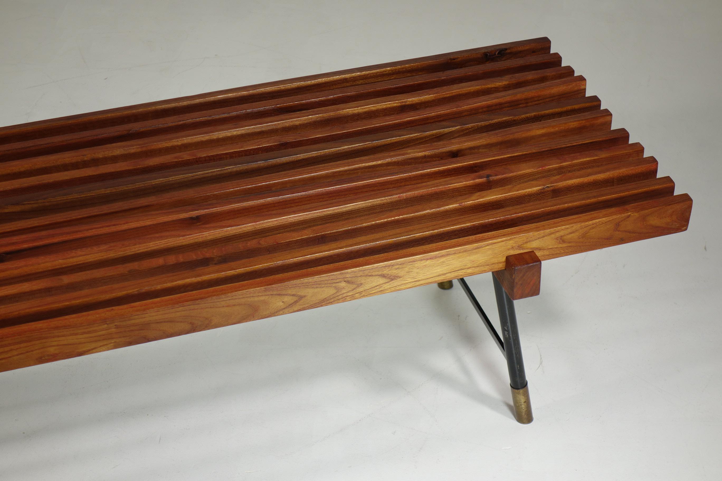 1950 Italian Mid Century Modern Design Carlo Hauner style Iron Brass Teak Bench For Sale 2