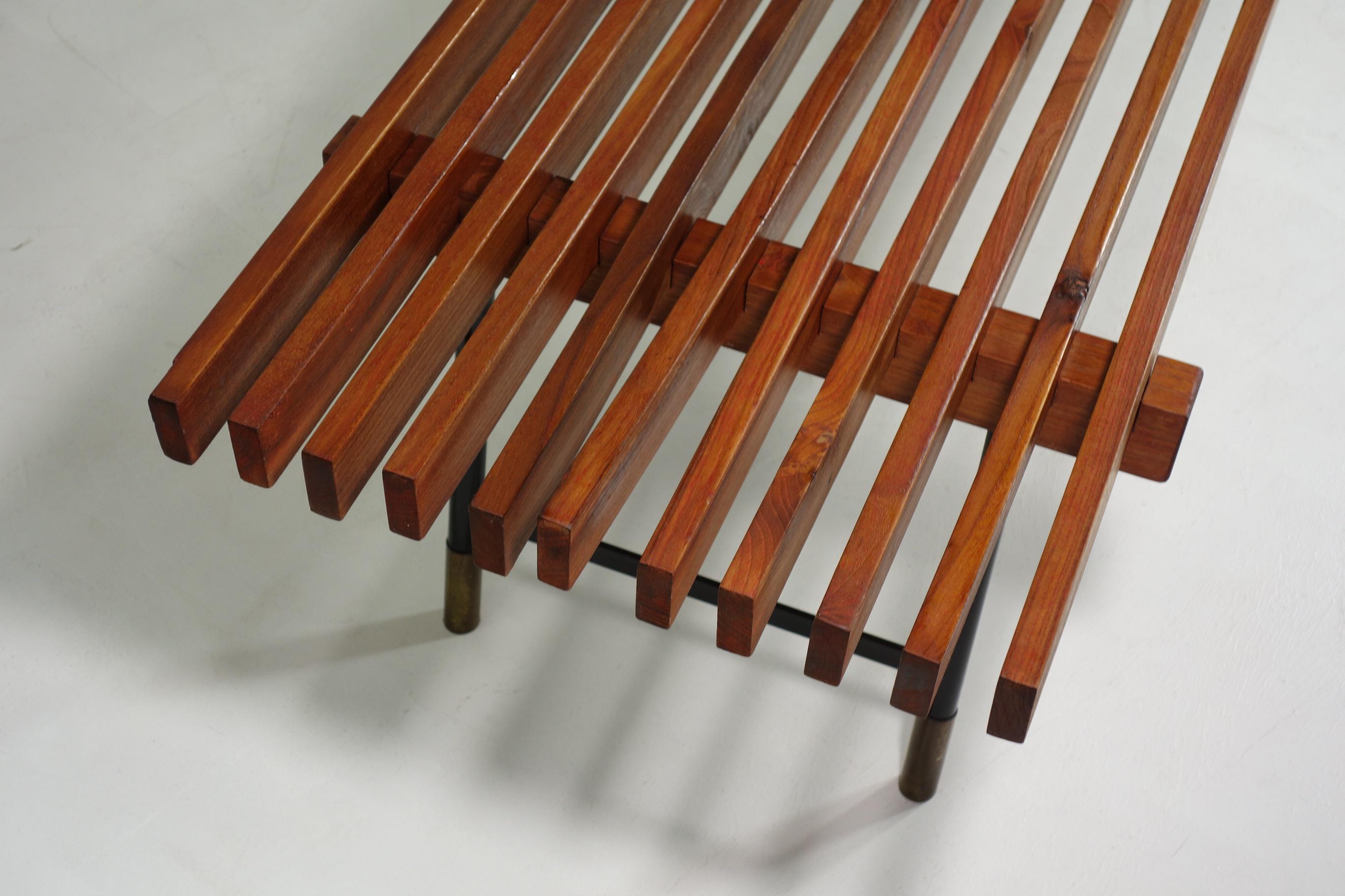 1950 Italian Mid Century Modern Design Carlo Hauner style Iron Brass Teak Bench For Sale 3