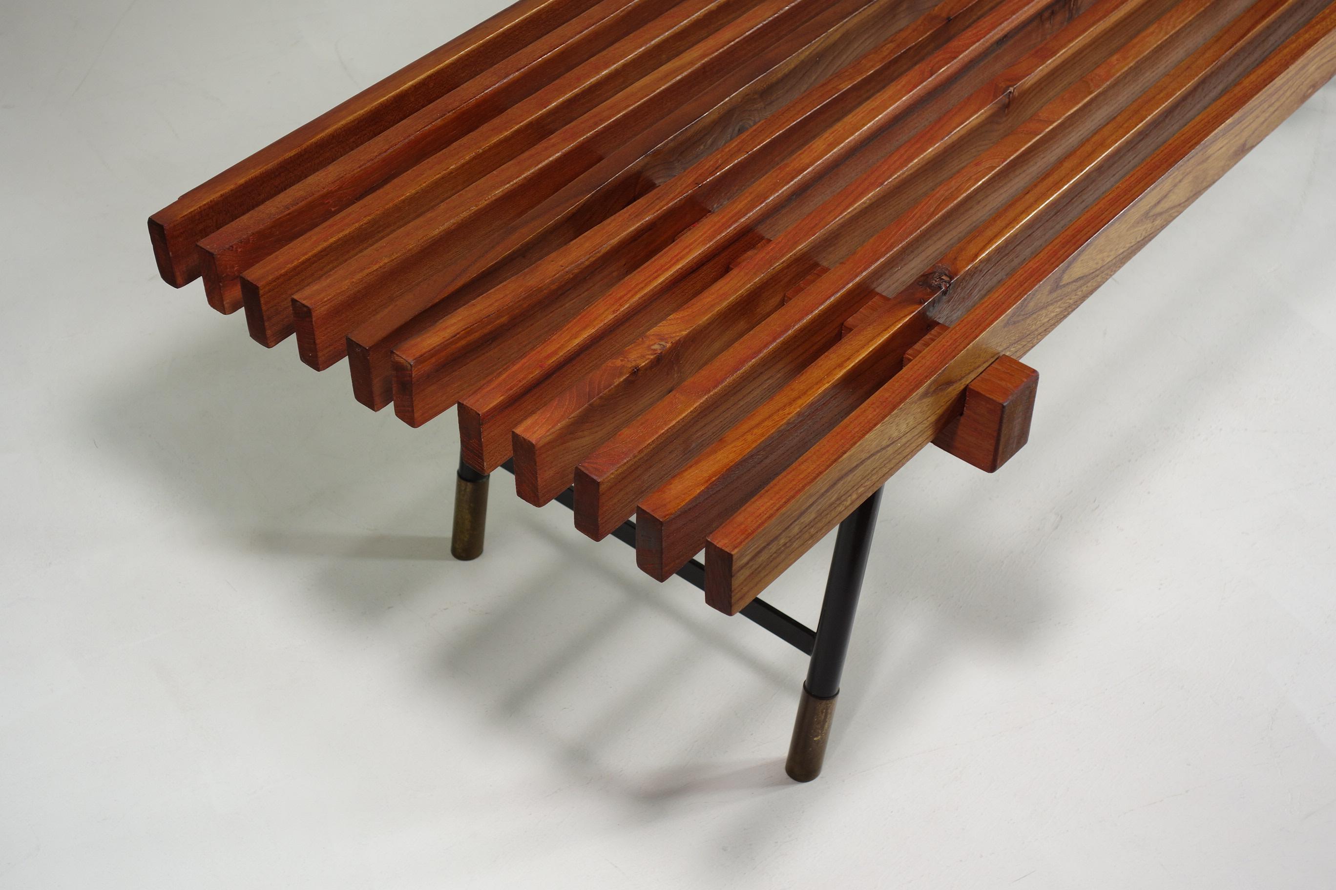 1950 Italian Mid Century Modern Design Carlo Hauner style Iron Brass Teak Bench For Sale 4
