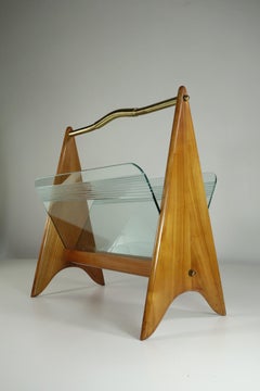 1950 Italian Midcentury Modern Design Wood Glass Magazine Rack