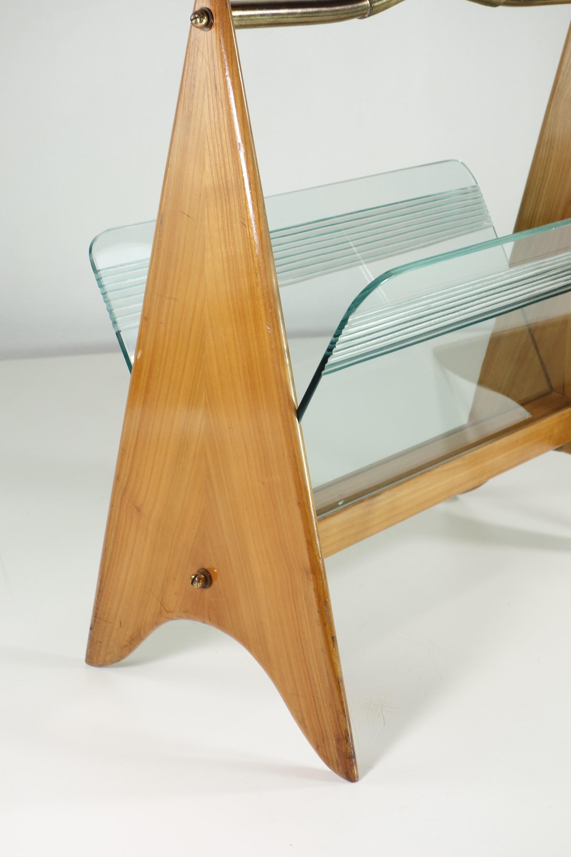 Mid-Century Modern 1950 Italian Midcentury Modern Design Wood Glass Magazine Rack For Sale