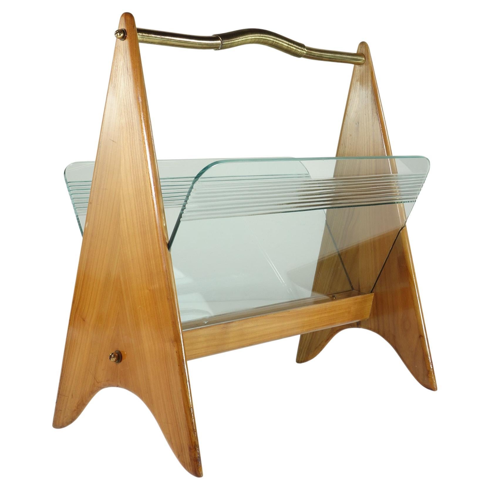 1950 Italian Midcentury Modern Design Wood Glass Magazine Rack