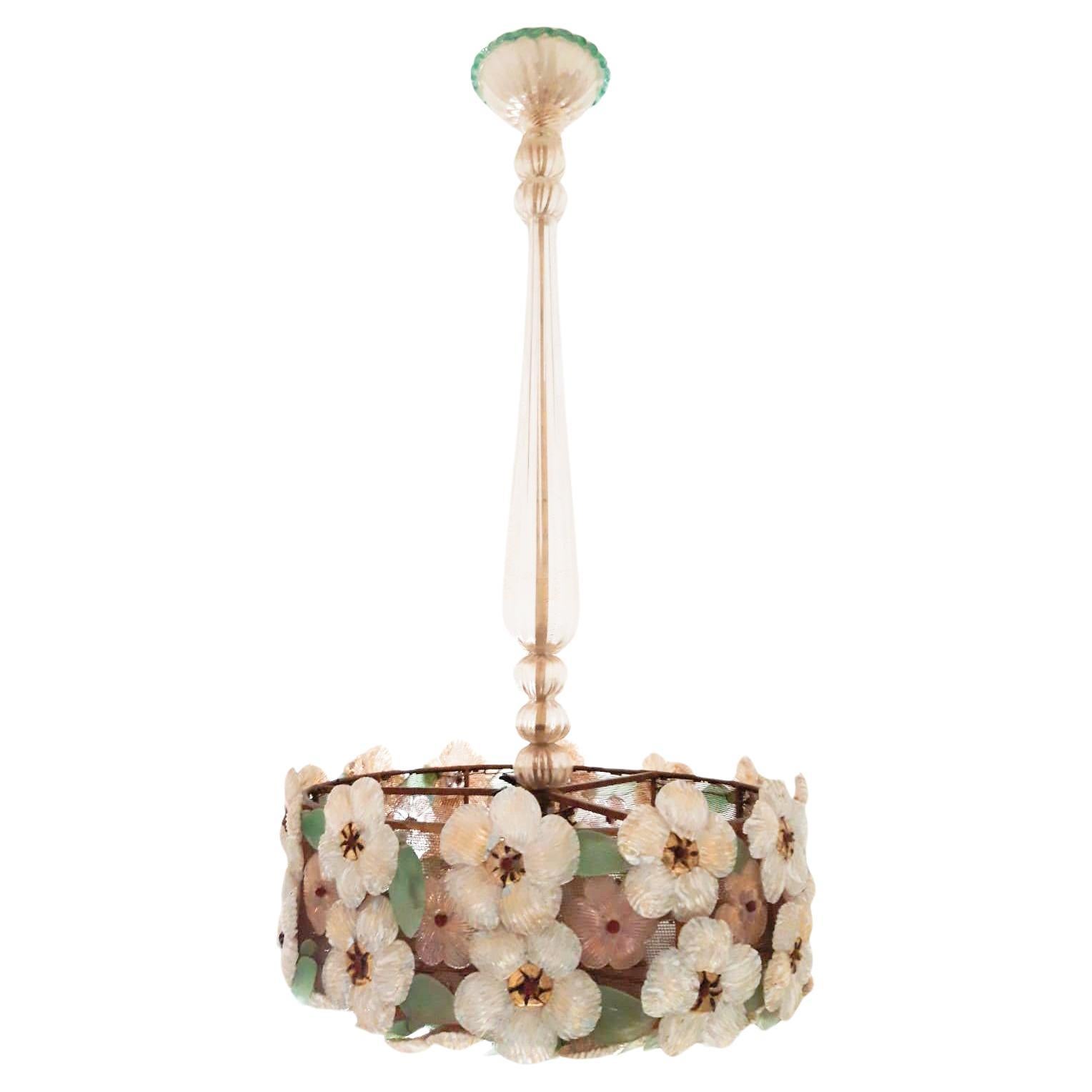 1950 Italian Murano Glass "Flowers" Chandelier By «Barovier Toso» Seguro