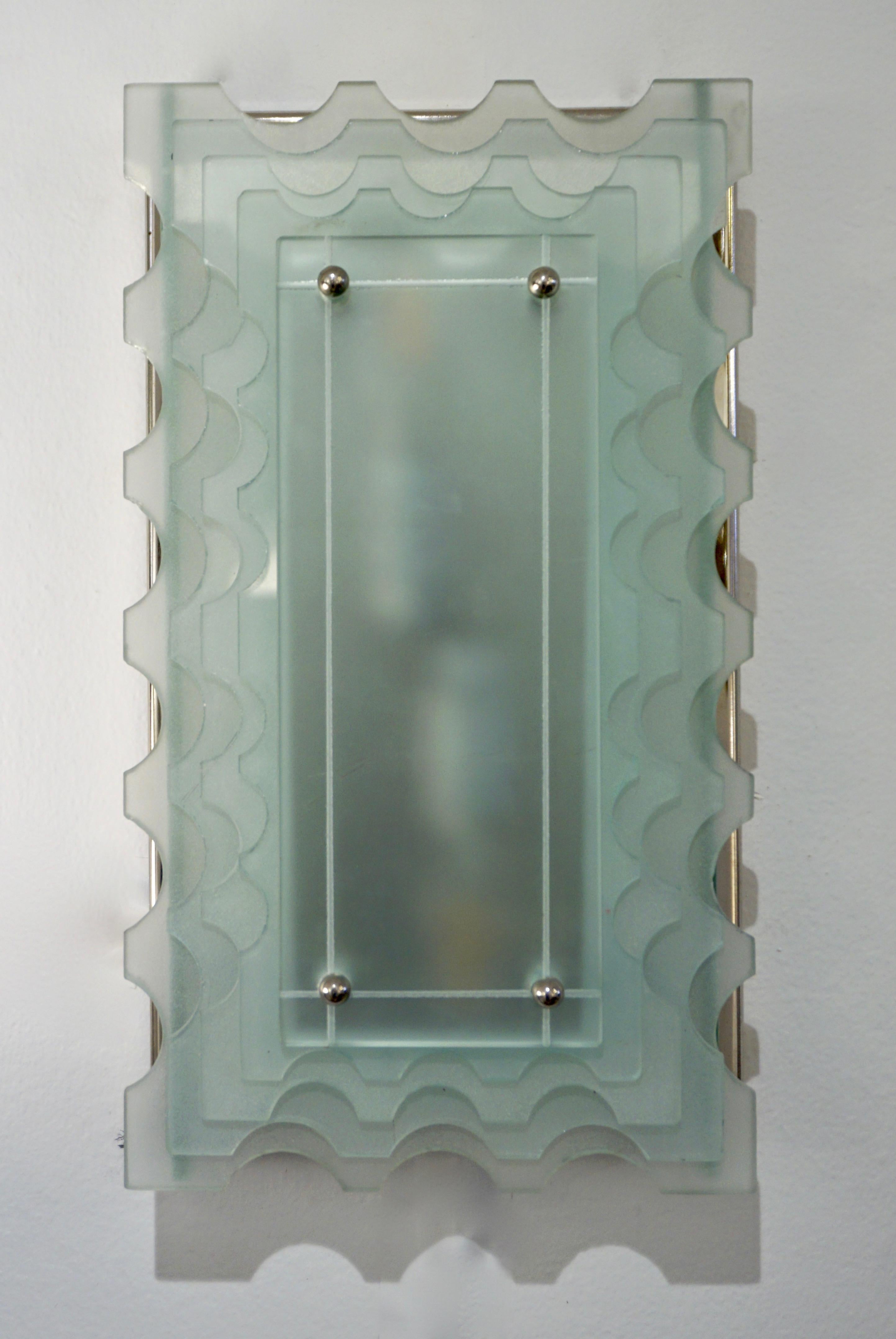 Art Deco 1950 Italian Pair of Aqua Art Glass Scalloped Sconces on Rectangular Nickel Base