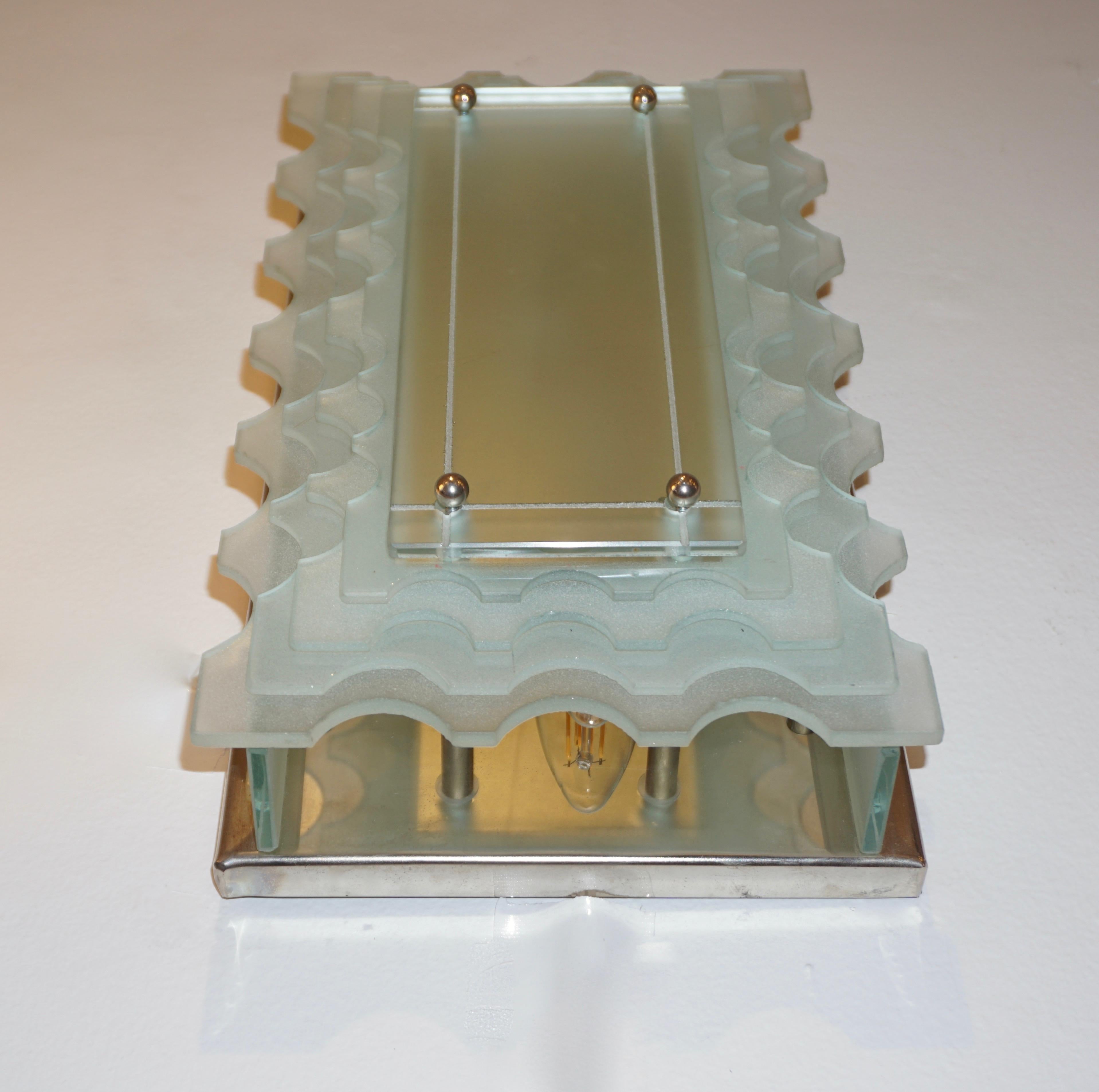 1950 Italian Pair of Aqua Art Glass Scalloped Sconces on Rectangular Nickel Base 1