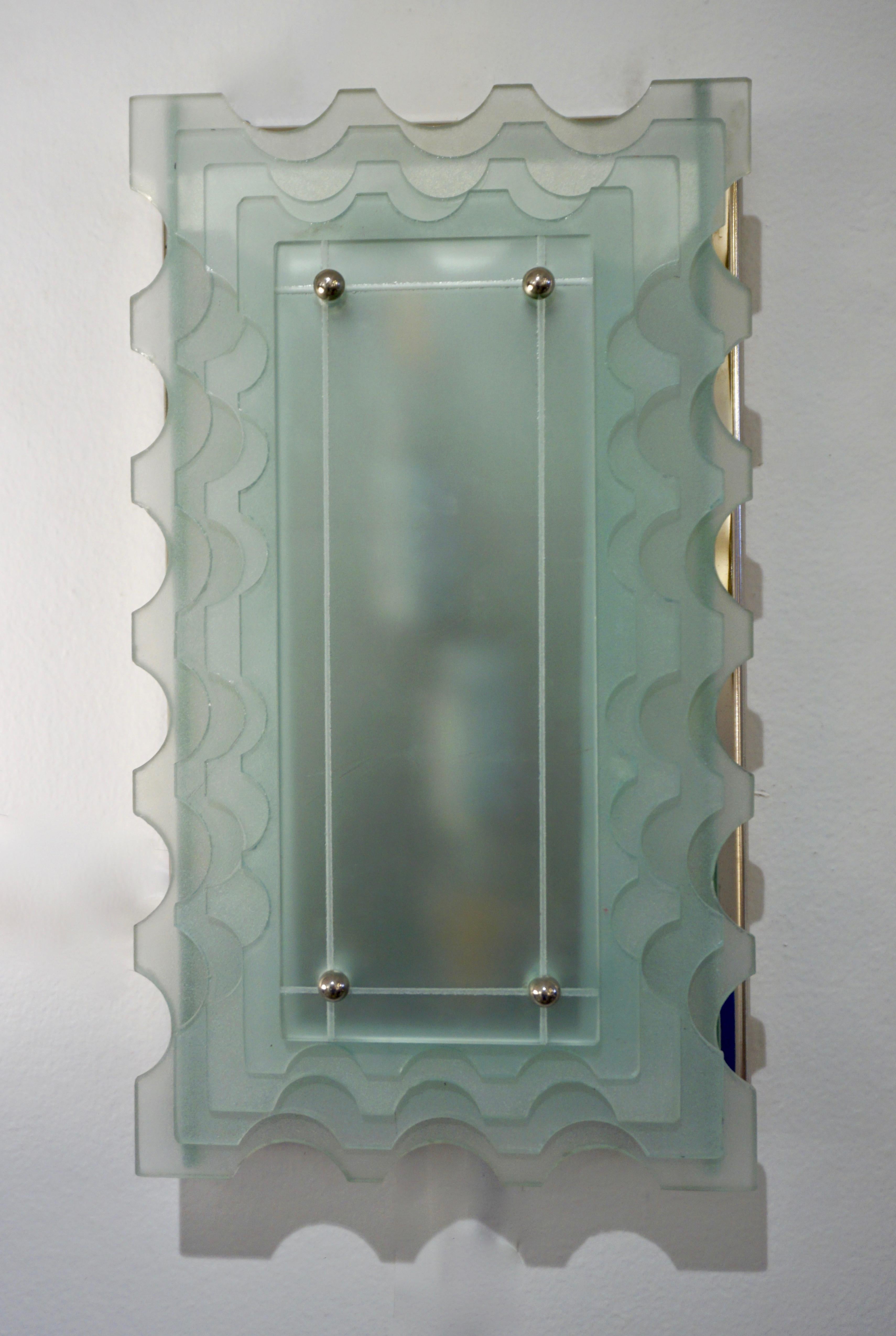 1950 Italian Pair of Aqua Art Glass Scalloped Sconces on Rectangular Nickel Base 3