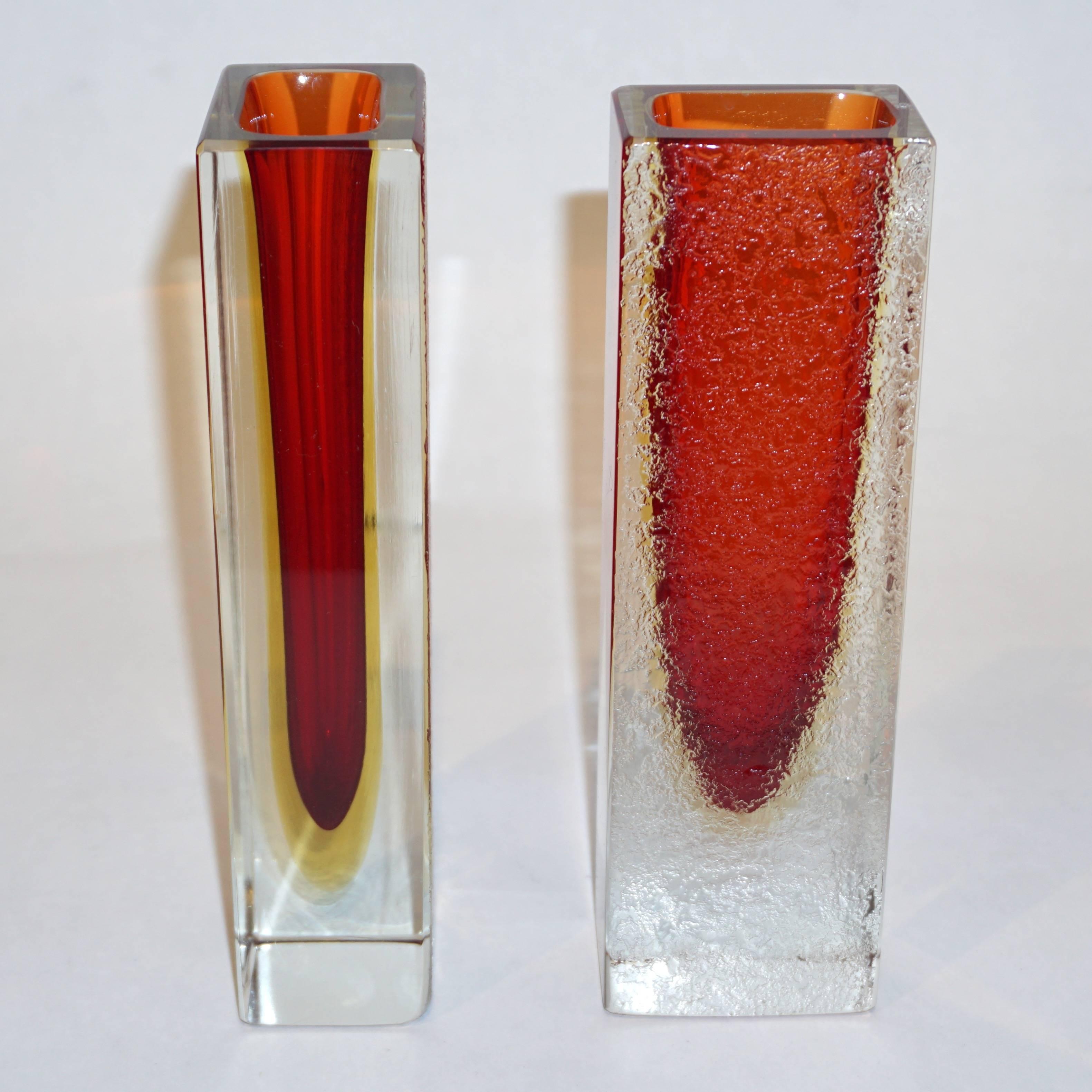 1950 Italian Pair of Organic Crystal, Yellow & Red Murano Art Glass Flower Vases For Sale 1