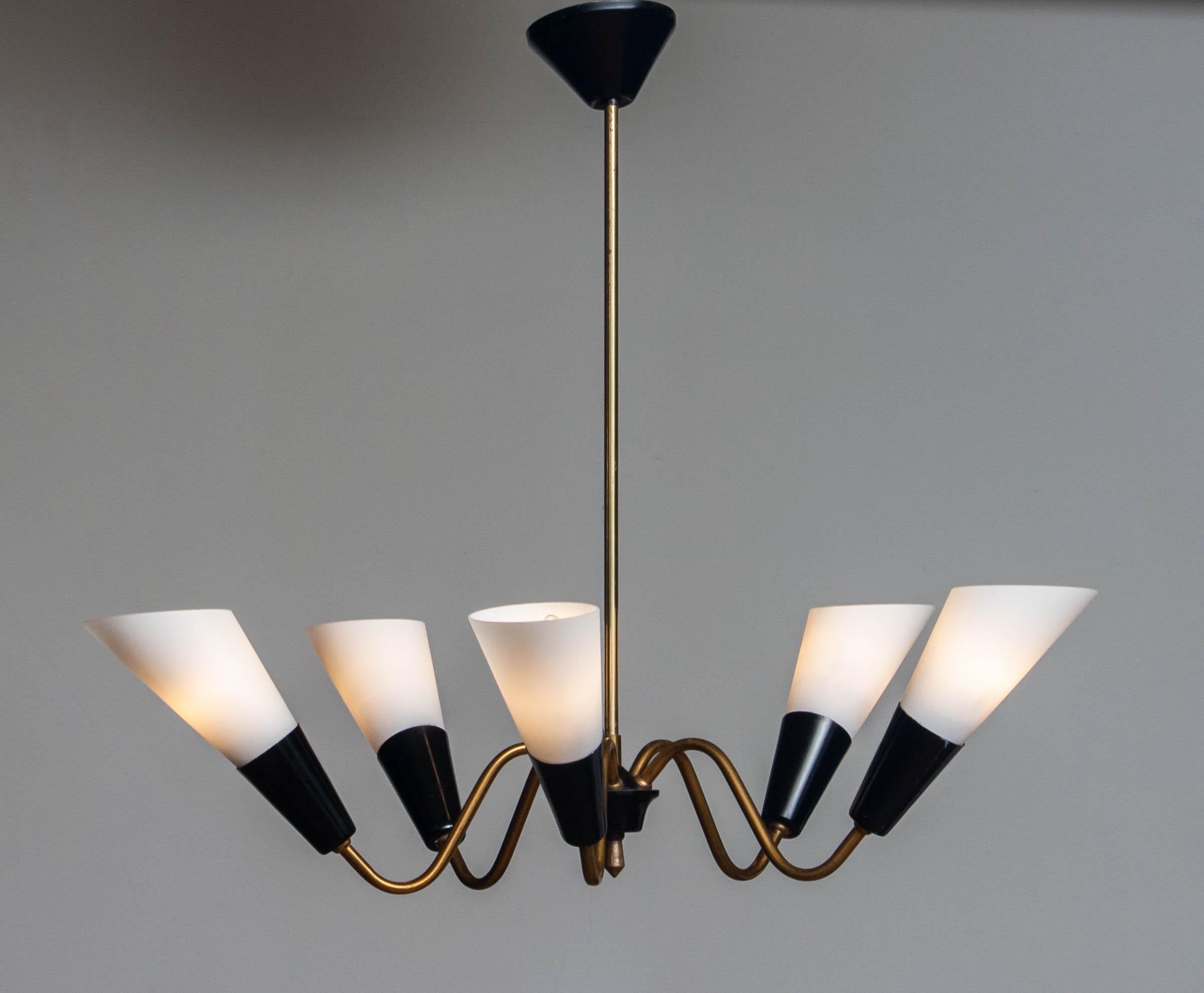 Absolutely beautiful brass Sputnik chandelier from the 50's with the original white frosted glass shades in style of Stilnovo.
Technically 100% and in a overall good condition. 
Consists five E14 / E17 screw bulbs and suits 230 as wel as 110 volts.