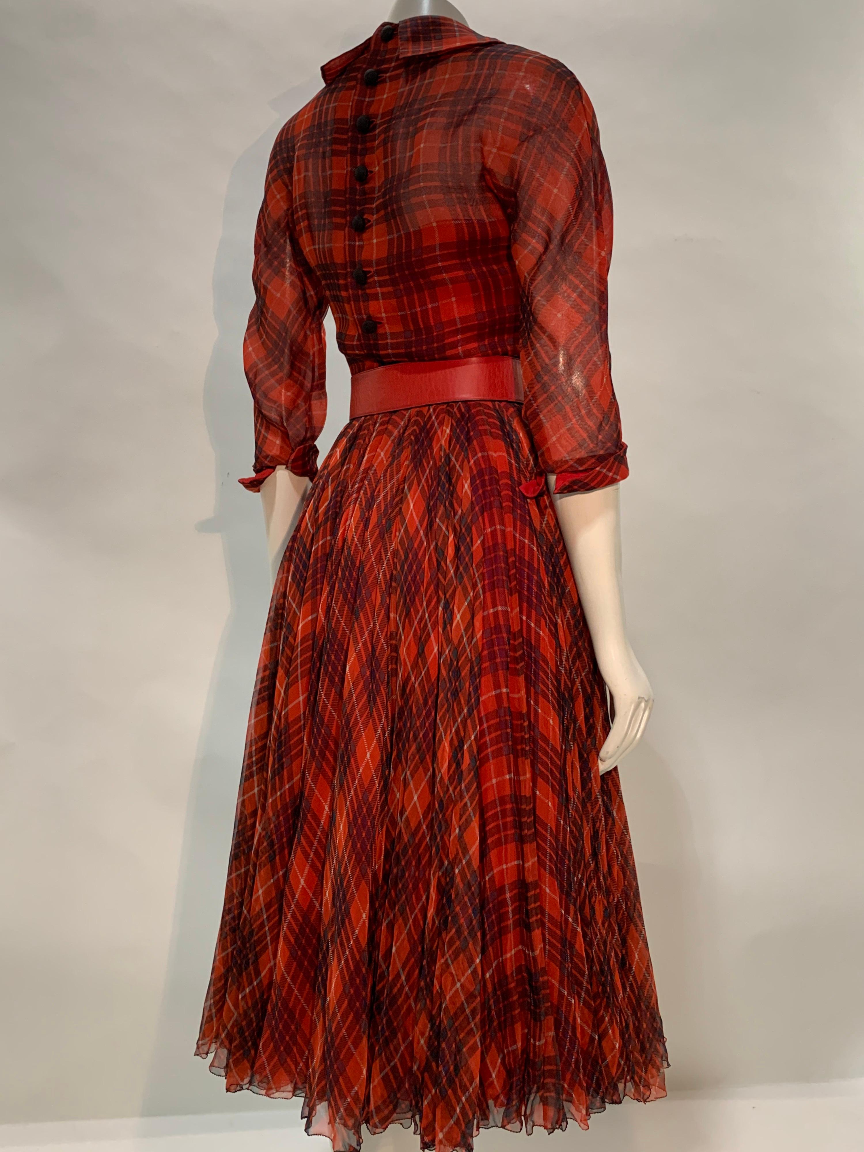 1950 James Galanos Red & Black Plaid Silk Chiffon Dress w/ Structured Under-Bust For Sale 2