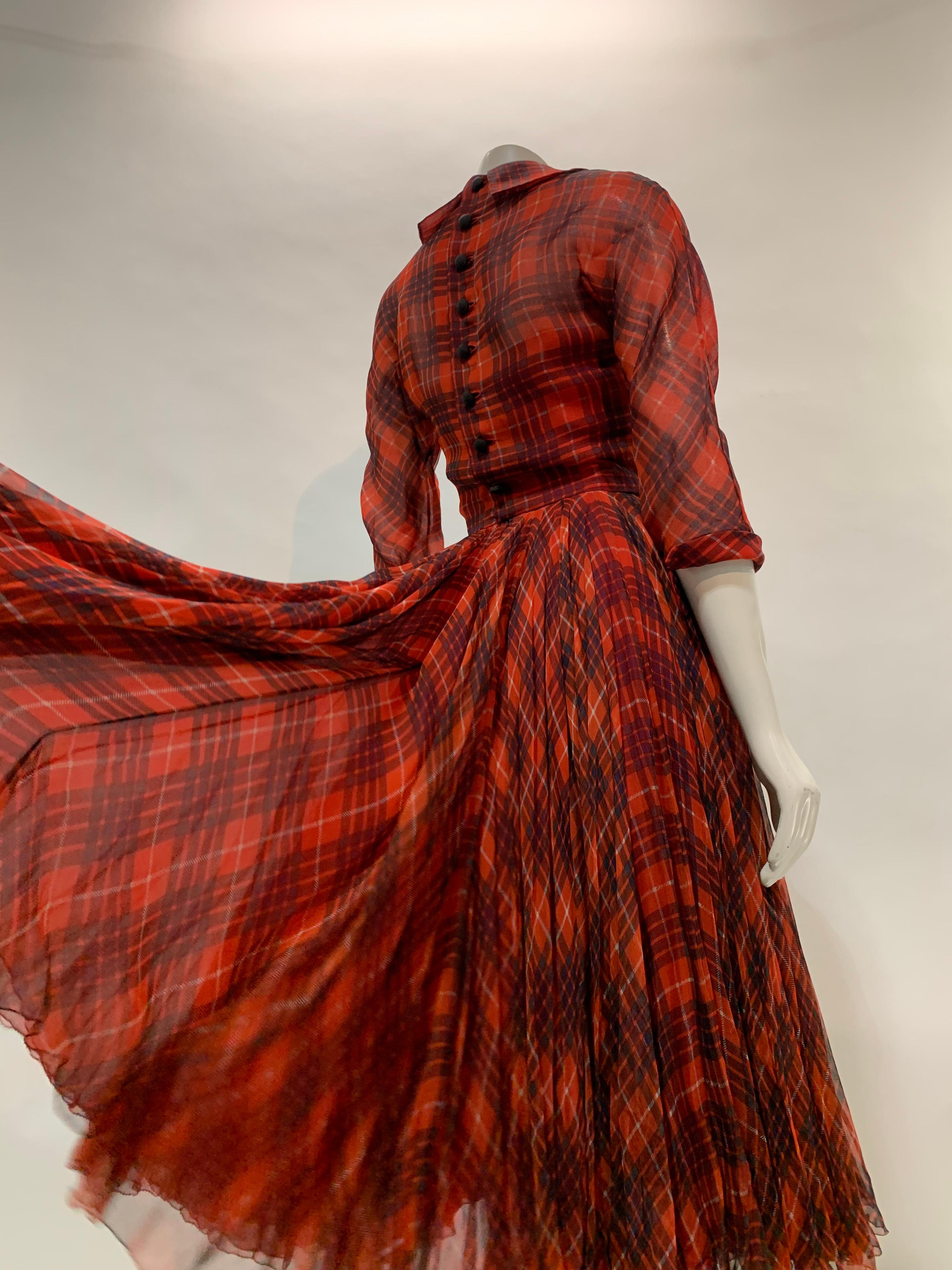 1950 James Galanos Red & Black Plaid Silk Chiffon Dress w/ Structured Under-Bust For Sale 4