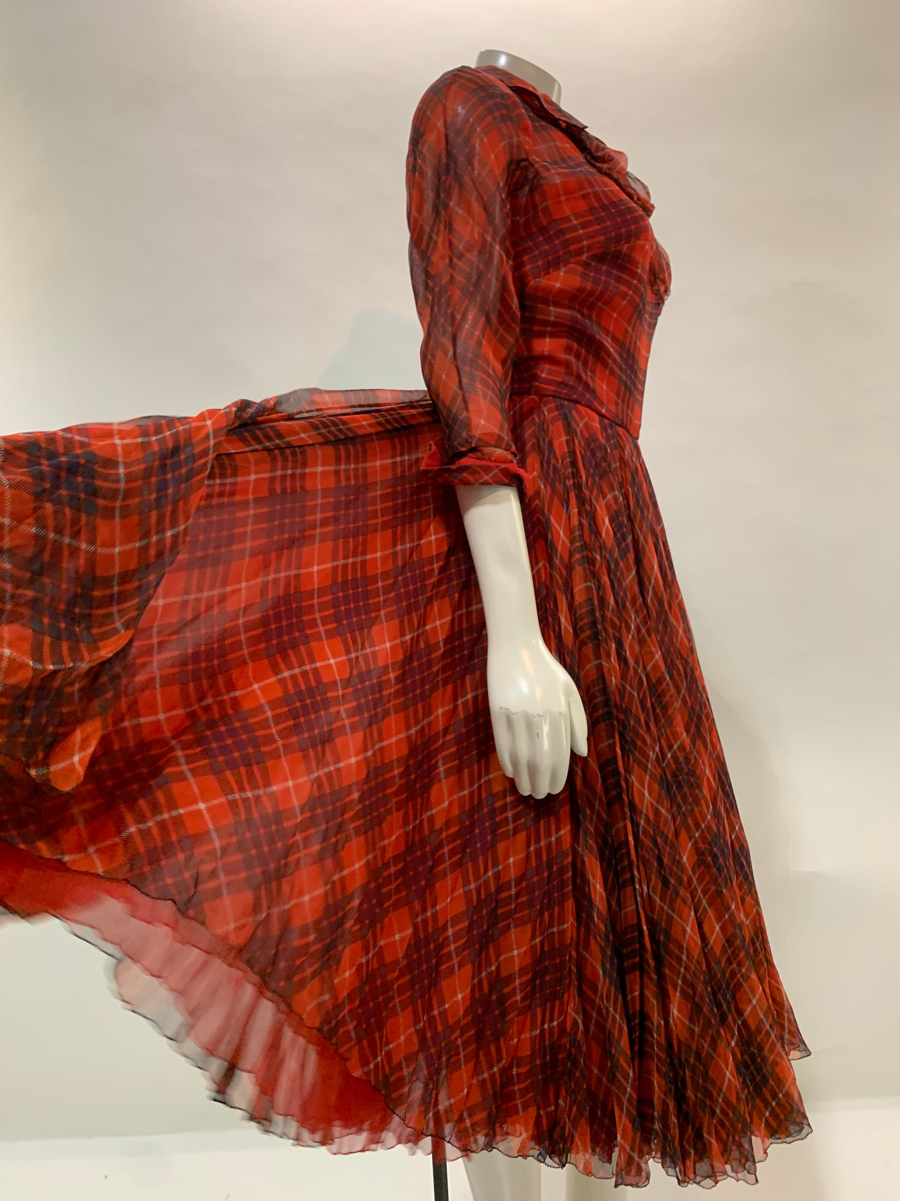 1950 James Galanos Red & Black Plaid Silk Chiffon Dress w/ Structured Under-Bust For Sale 5