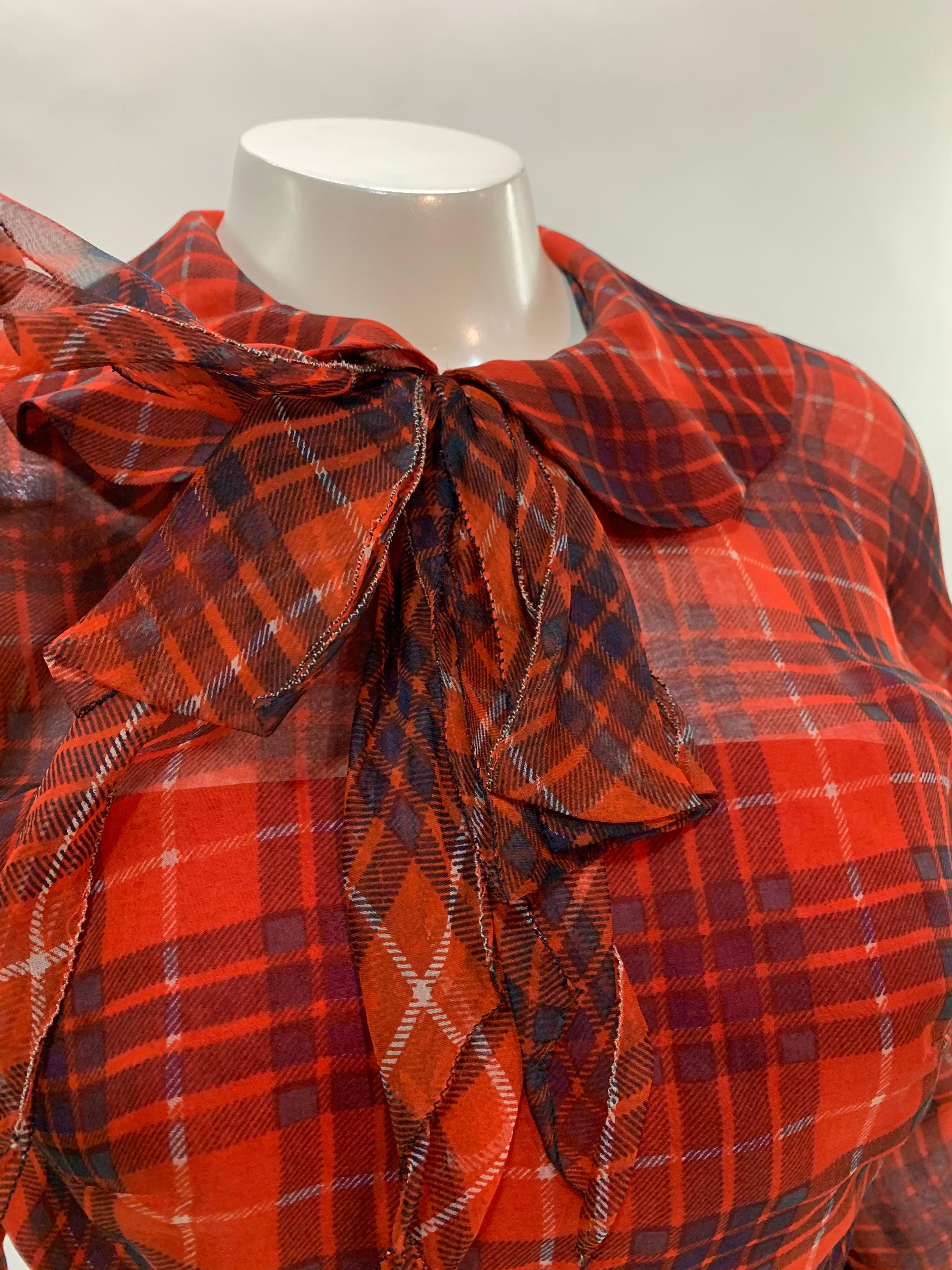 1950 James Galanos Red & Black Plaid Silk Chiffon Dress w/ Structured Under-Bust For Sale 7