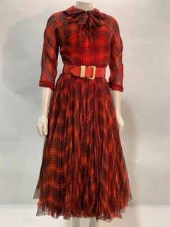 1950 James Galanos Red & Black Plaid Silk Chiffon Dress w/ Structured Under-Bust