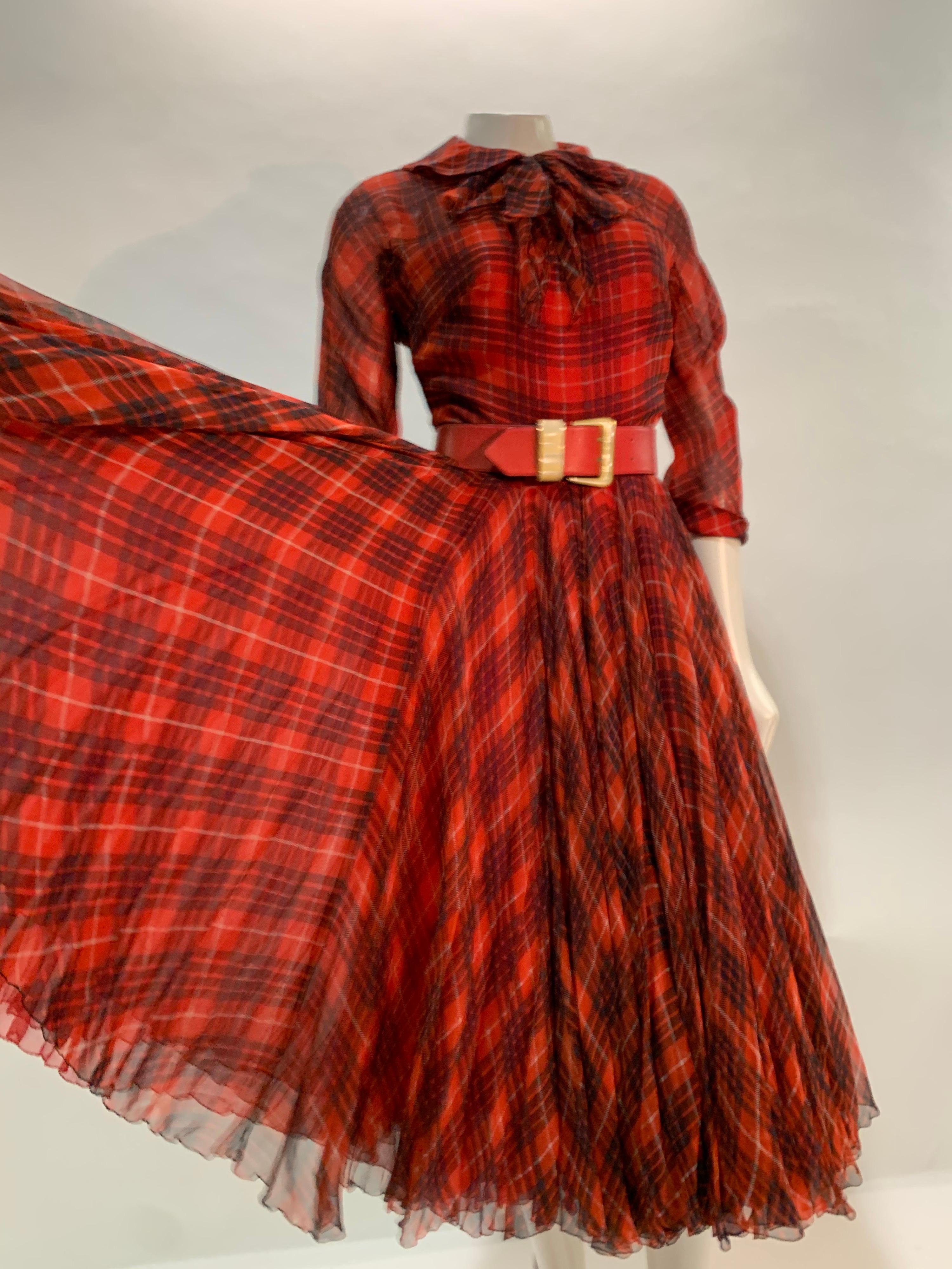 Brown 1950 James Galanos Red & Black Plaid Silk Chiffon Dress w/ Structured Under-Bust For Sale