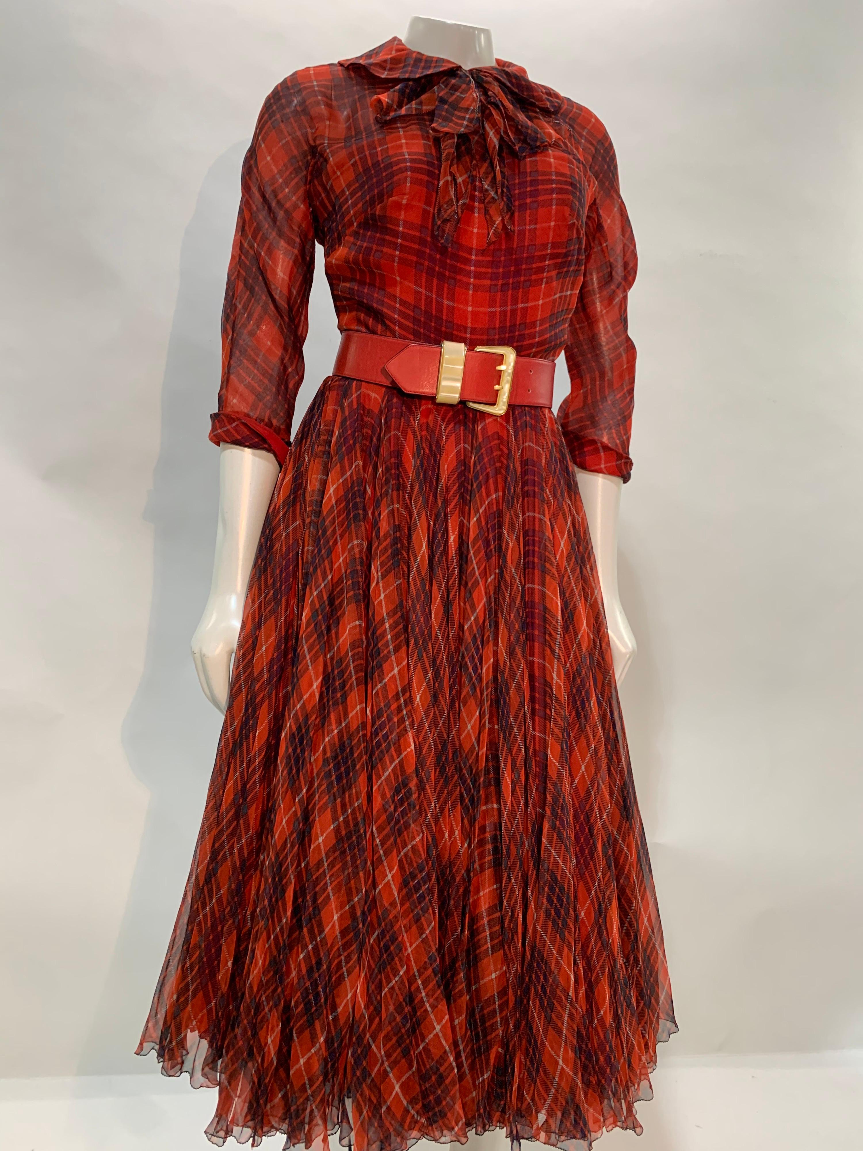 1950 James Galanos Red & Black Plaid Silk Chiffon Dress w/ Structured Under-Bust In Excellent Condition For Sale In Gresham, OR