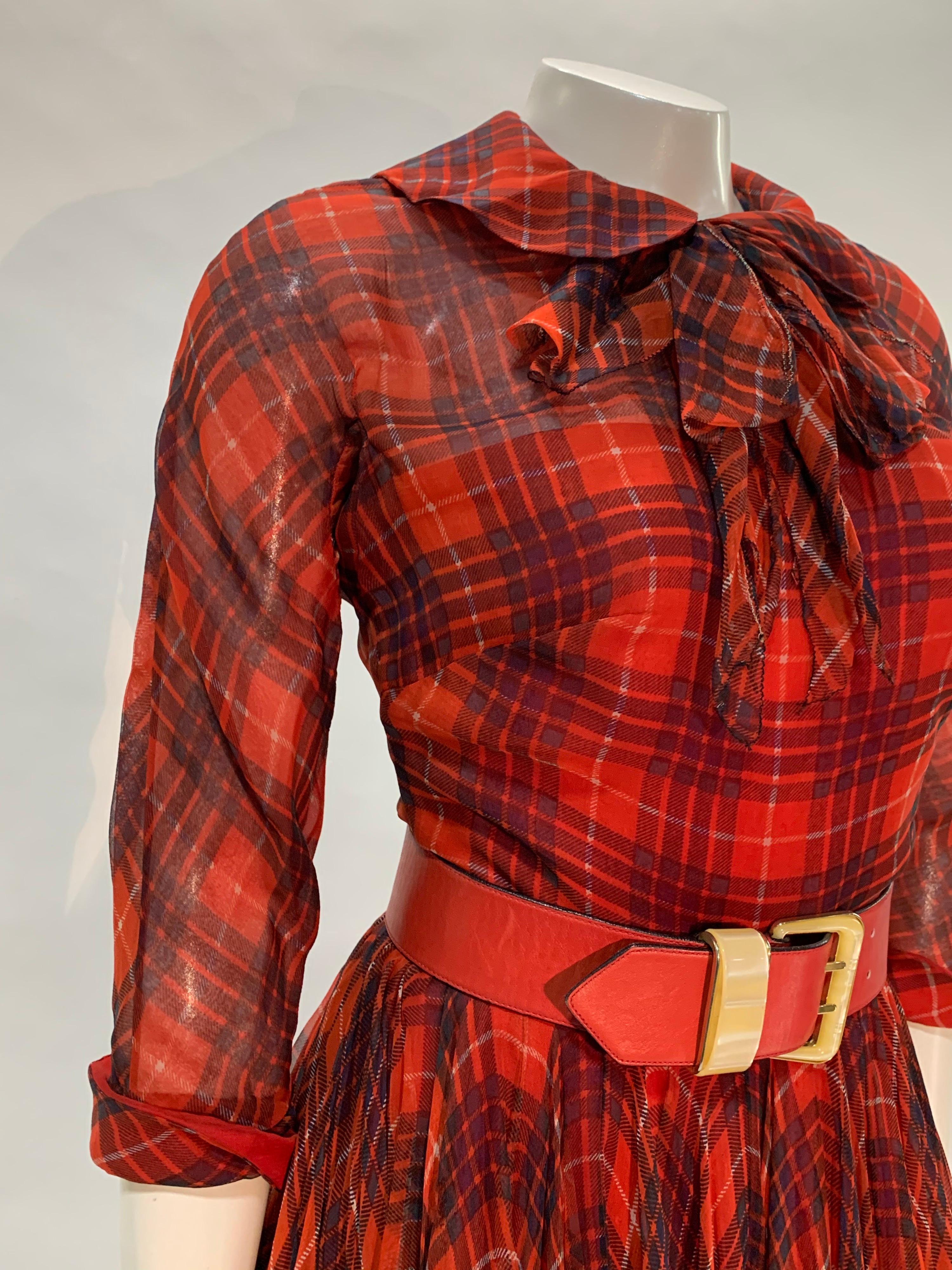 Women's 1950 James Galanos Red & Black Plaid Silk Chiffon Dress w/ Structured Under-Bust For Sale