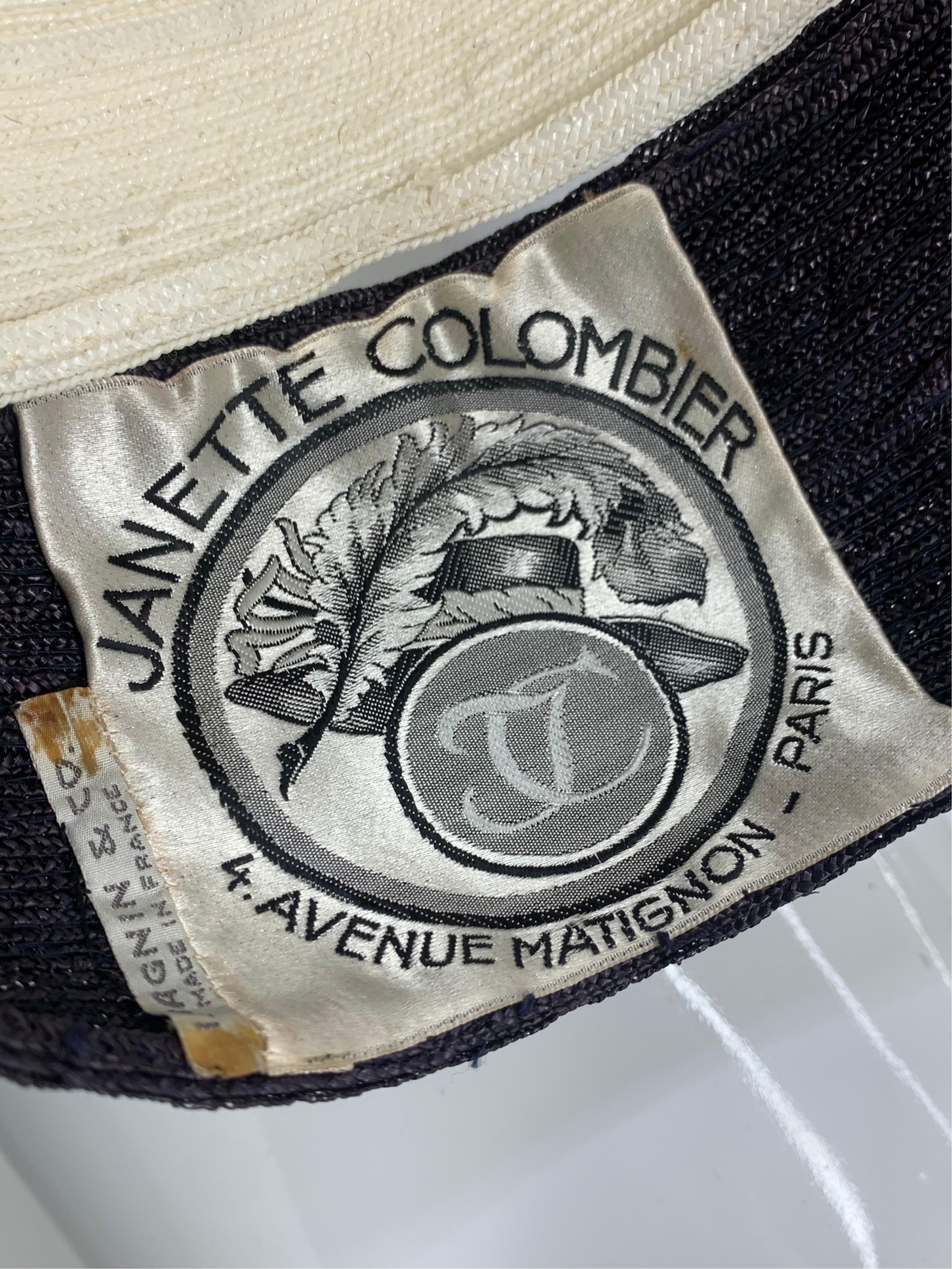 1950 Janette Colombier Navy & Cream Spiral Design Straw Hat or Fascinator w Veil 4