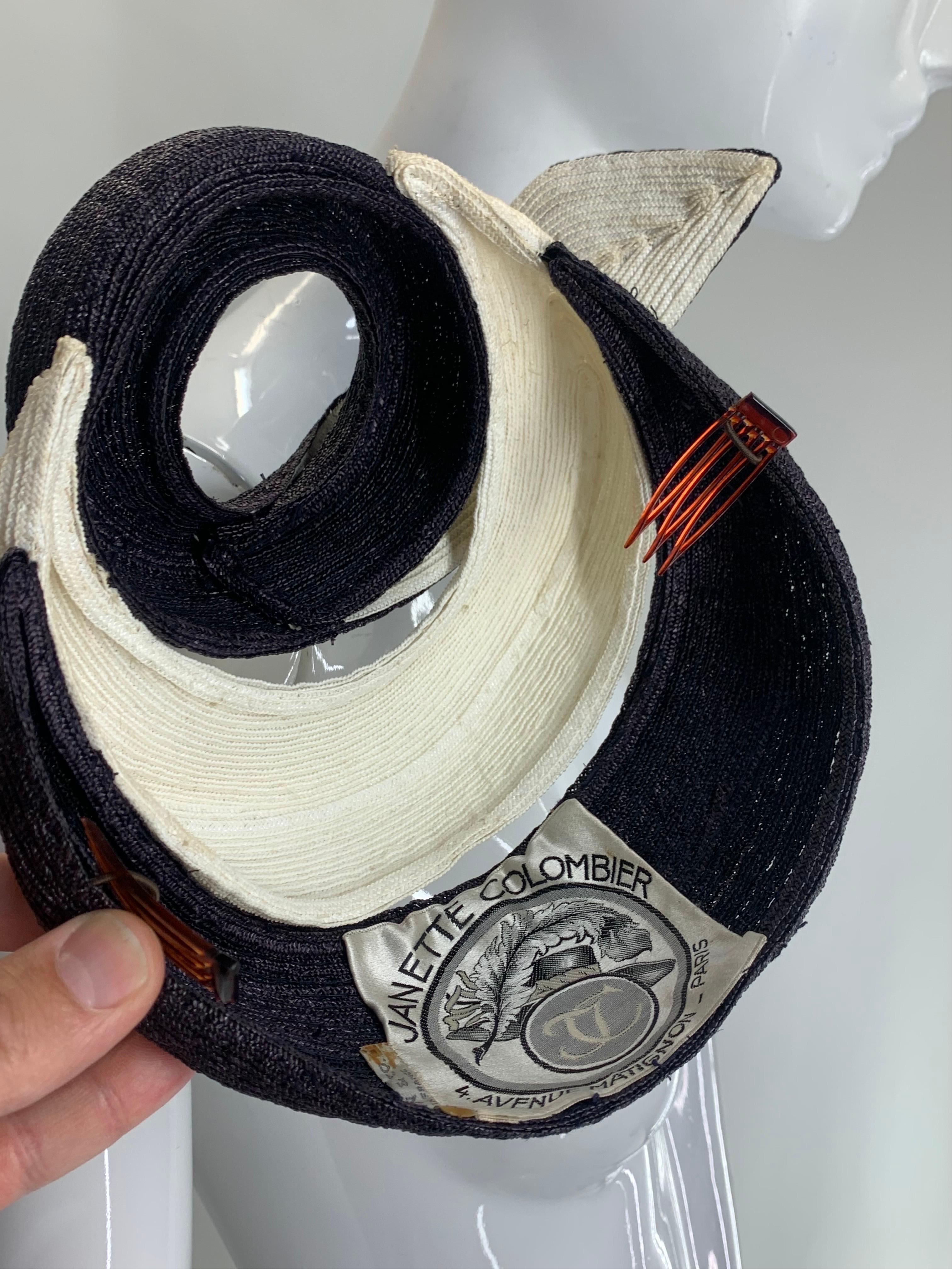 1950 Janette Colombier Navy & Cream Spiral Design Straw Hat or Fascinator w Veil 5