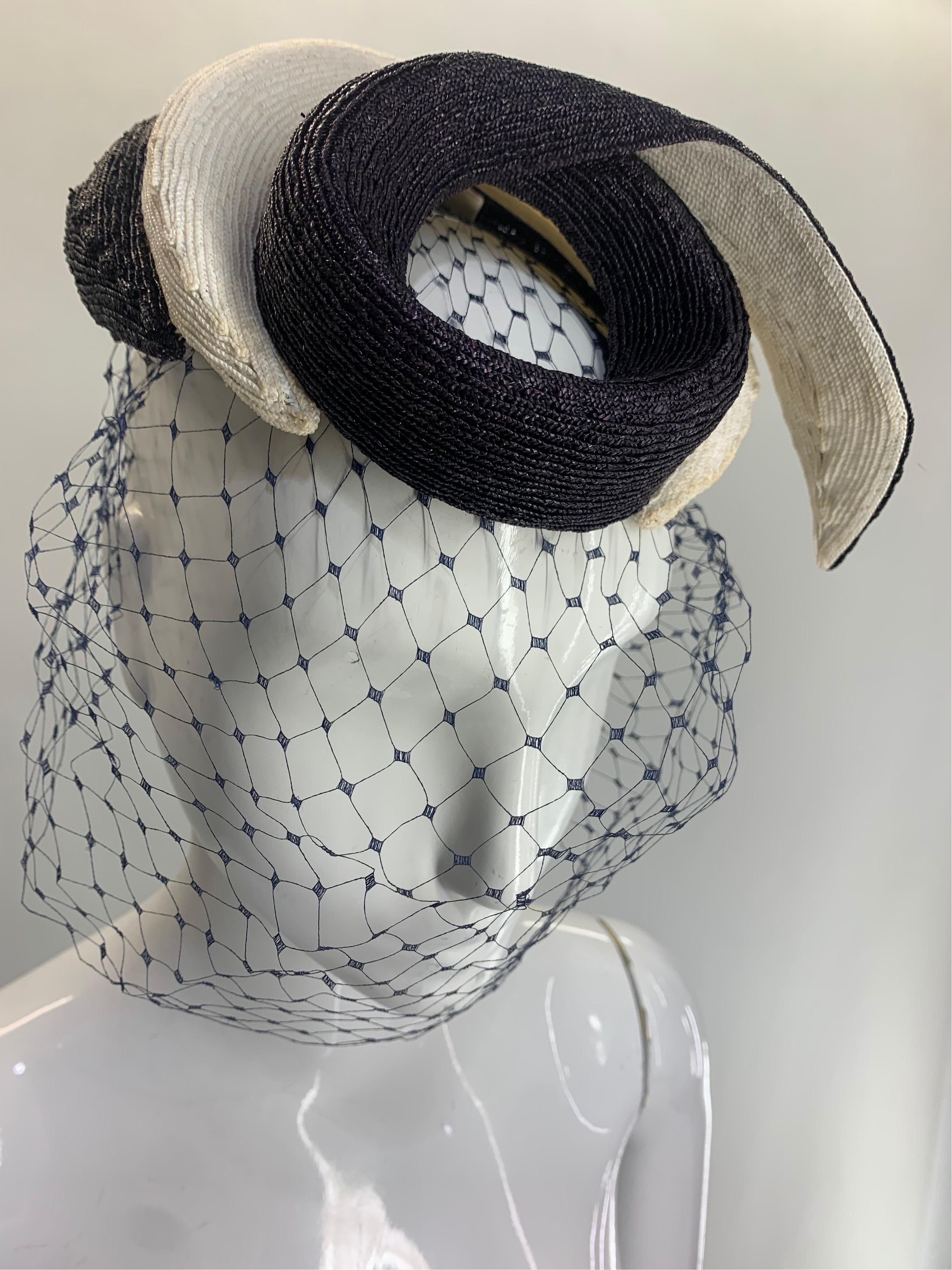 Gray 1950 Janette Colombier Navy & Cream Spiral Design Straw Hat or Fascinator w Veil