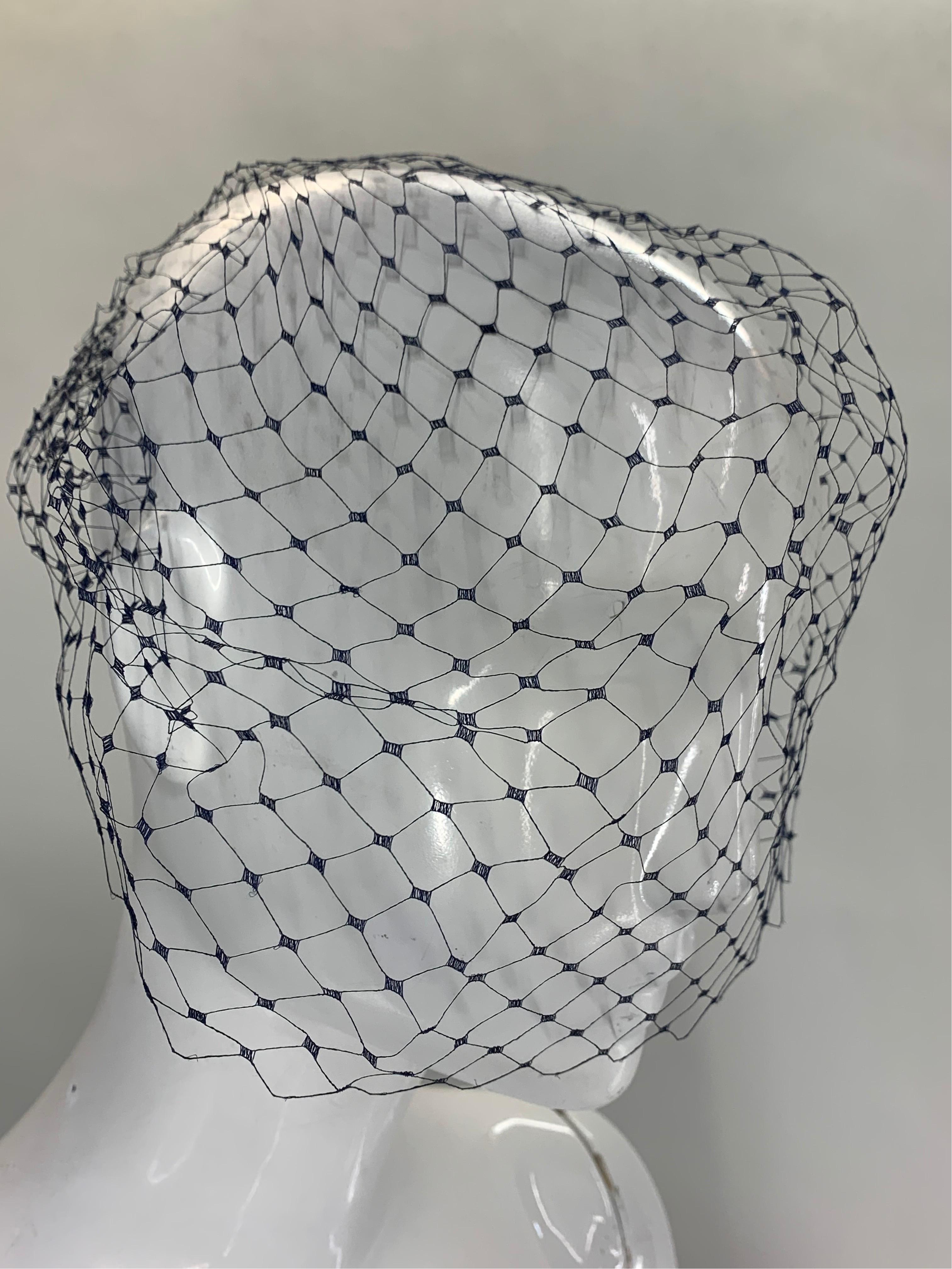 Women's 1950 Janette Colombier Navy & Cream Spiral Design Straw Hat or Fascinator w Veil