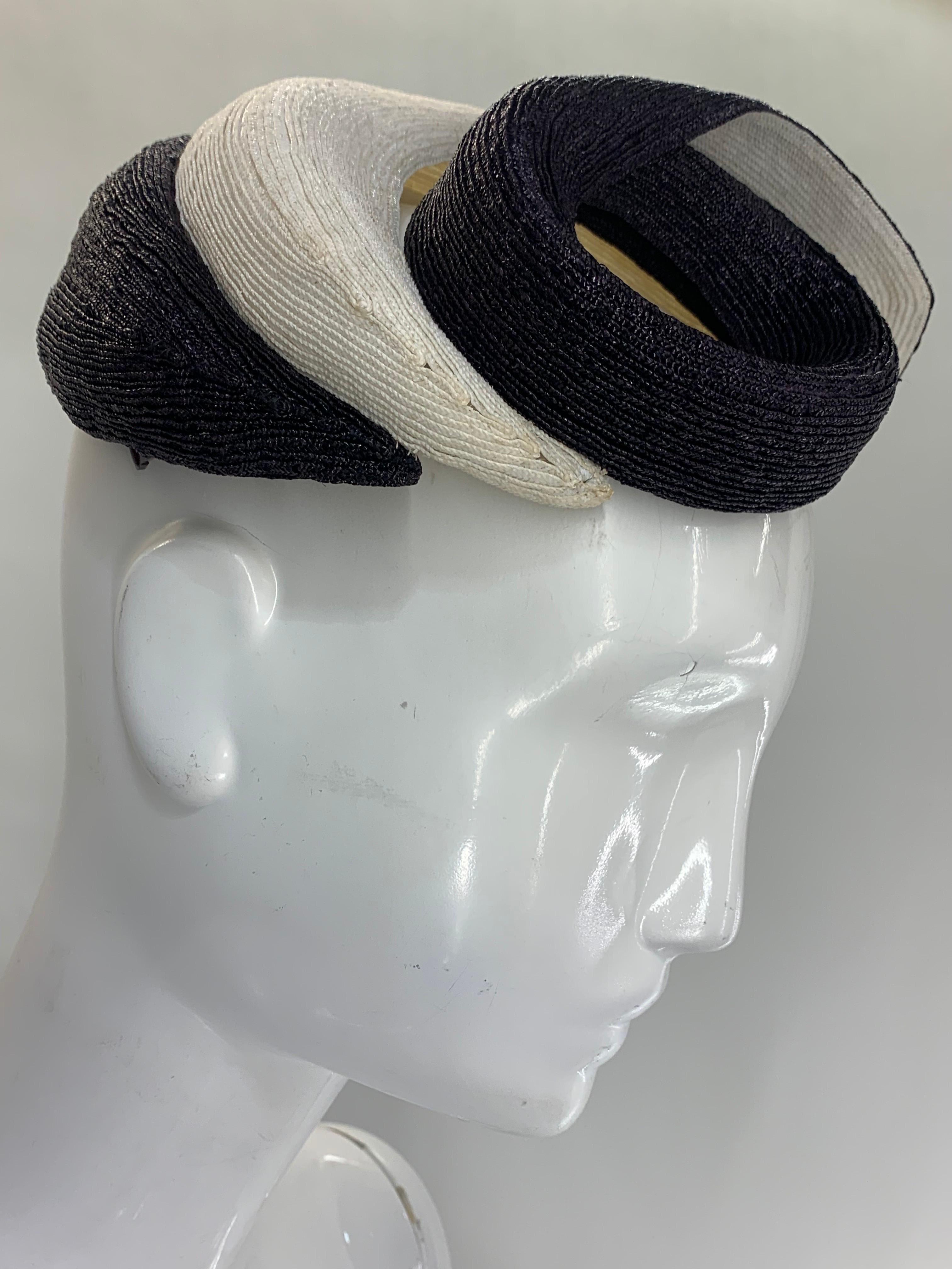 1950 Janette Colombier Navy & Cream Spiral Design Straw Hat or Fascinator w Veil 2