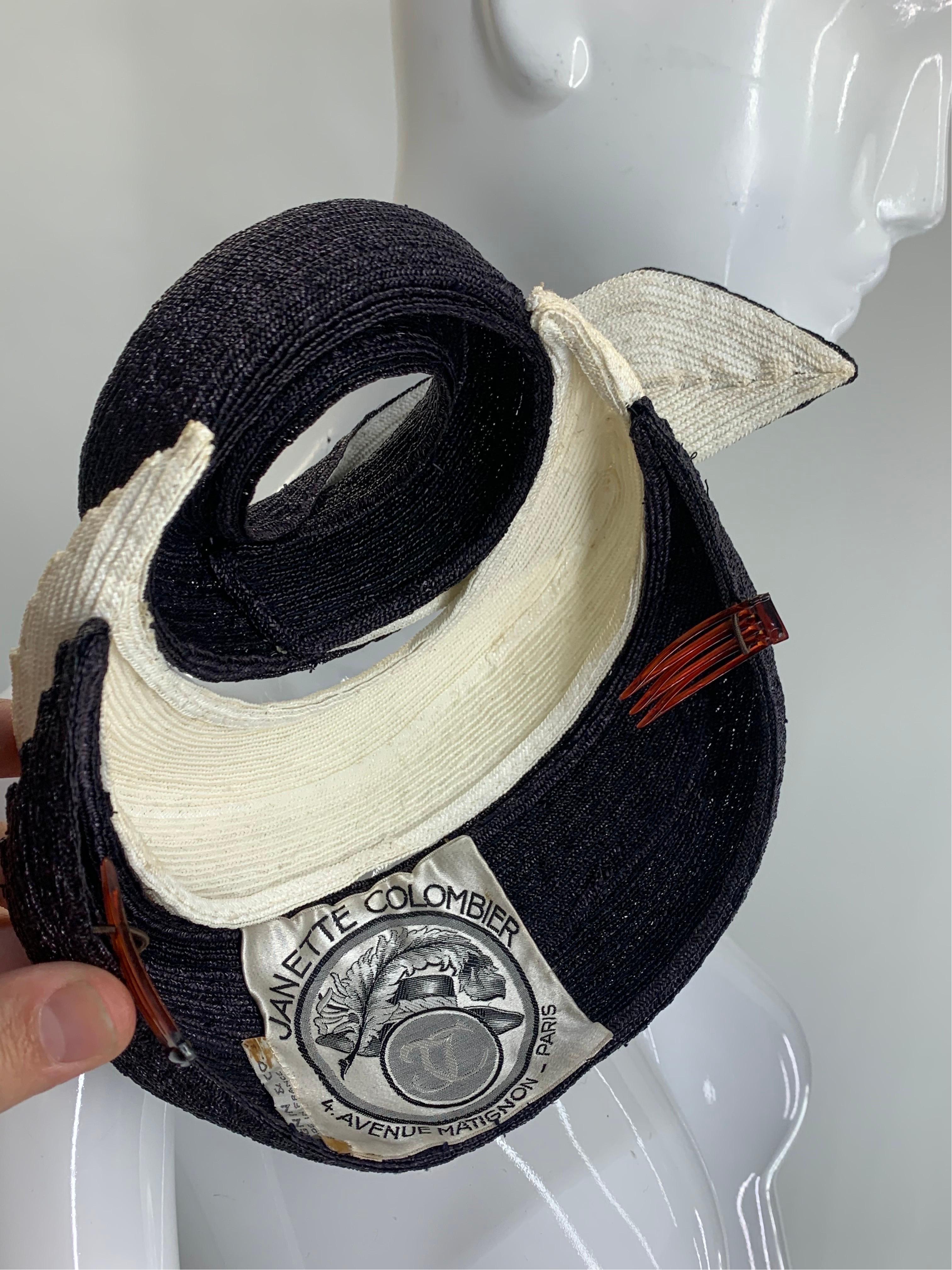 1950 Janette Colombier Navy & Cream Spiral Design Straw Hat or Fascinator w Veil 3