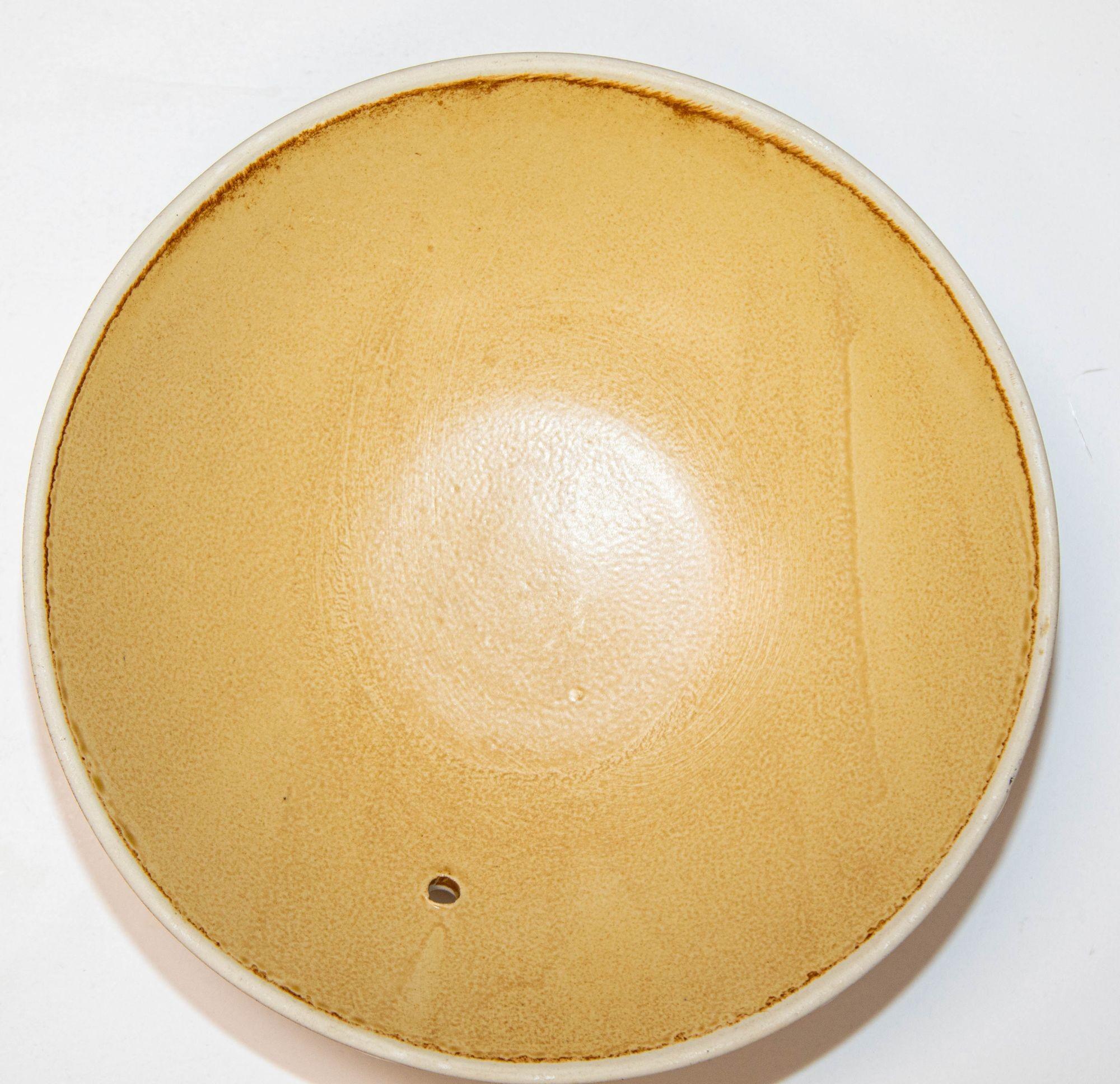 1950 Japanese Pottery Shallow Footed Bowl Wabi Sabi Honey Color 10 inches D. In Good Condition For Sale In North Hollywood, CA
